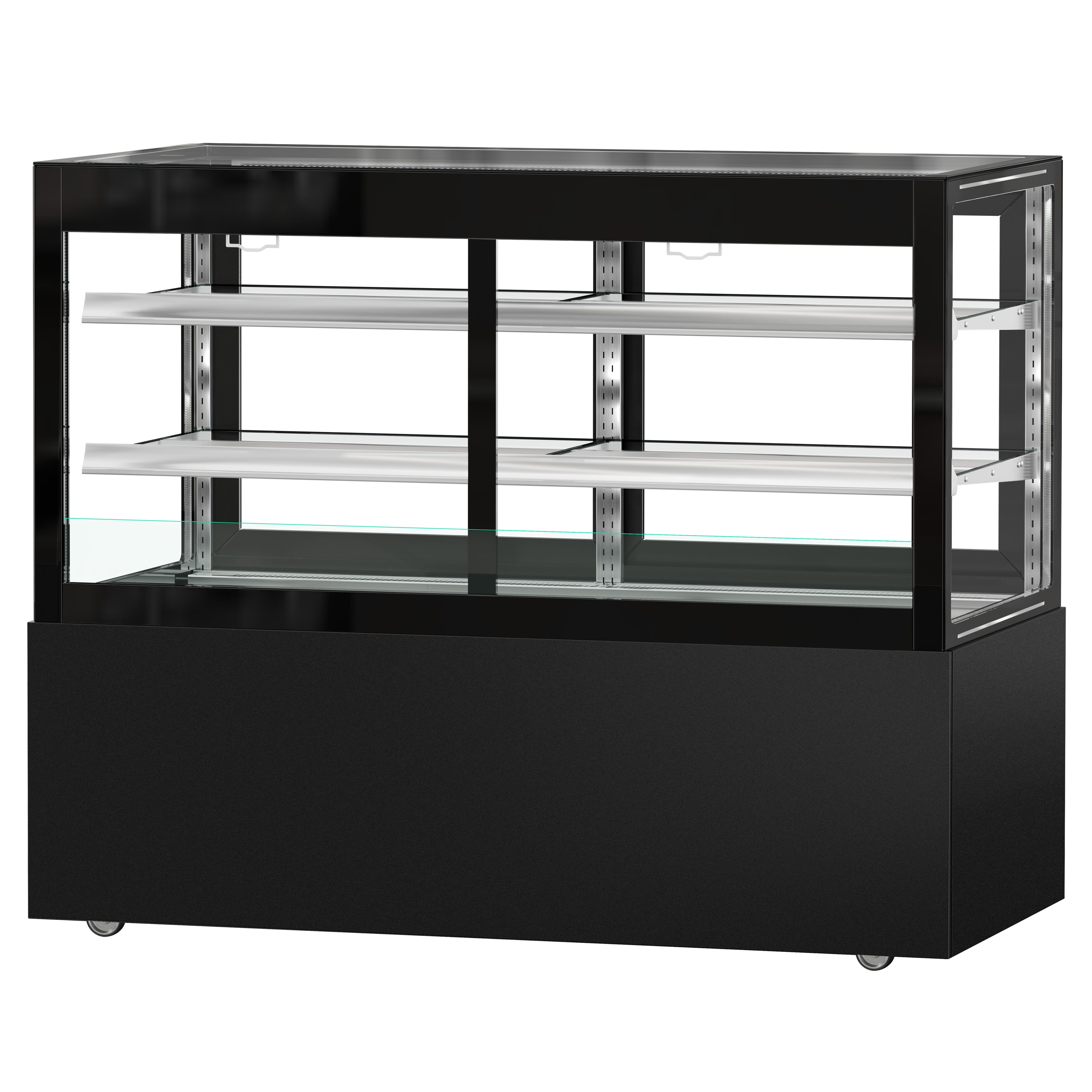 Vitrine à pâtisserie réfrigérée MADRID Self-Service - 530L - 1500mm - Double vitrage - avec 2 étagères en verre - portes coulissantes arrière - avec rideau de nuit - Noir mat