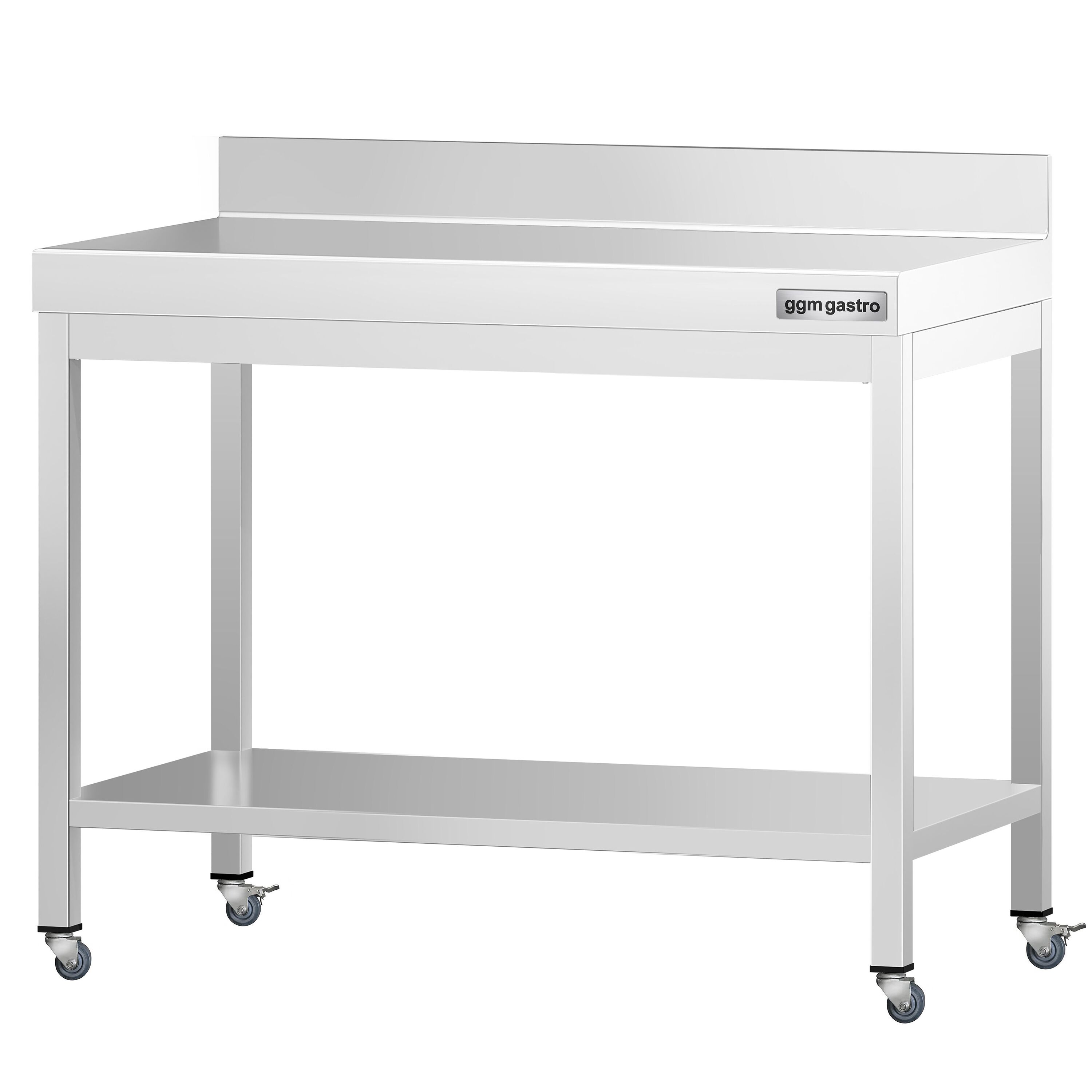 Table de travail en inox PREMIUM - 800 x 600 mm - avec tablette inférieure, dosseret et roulettes