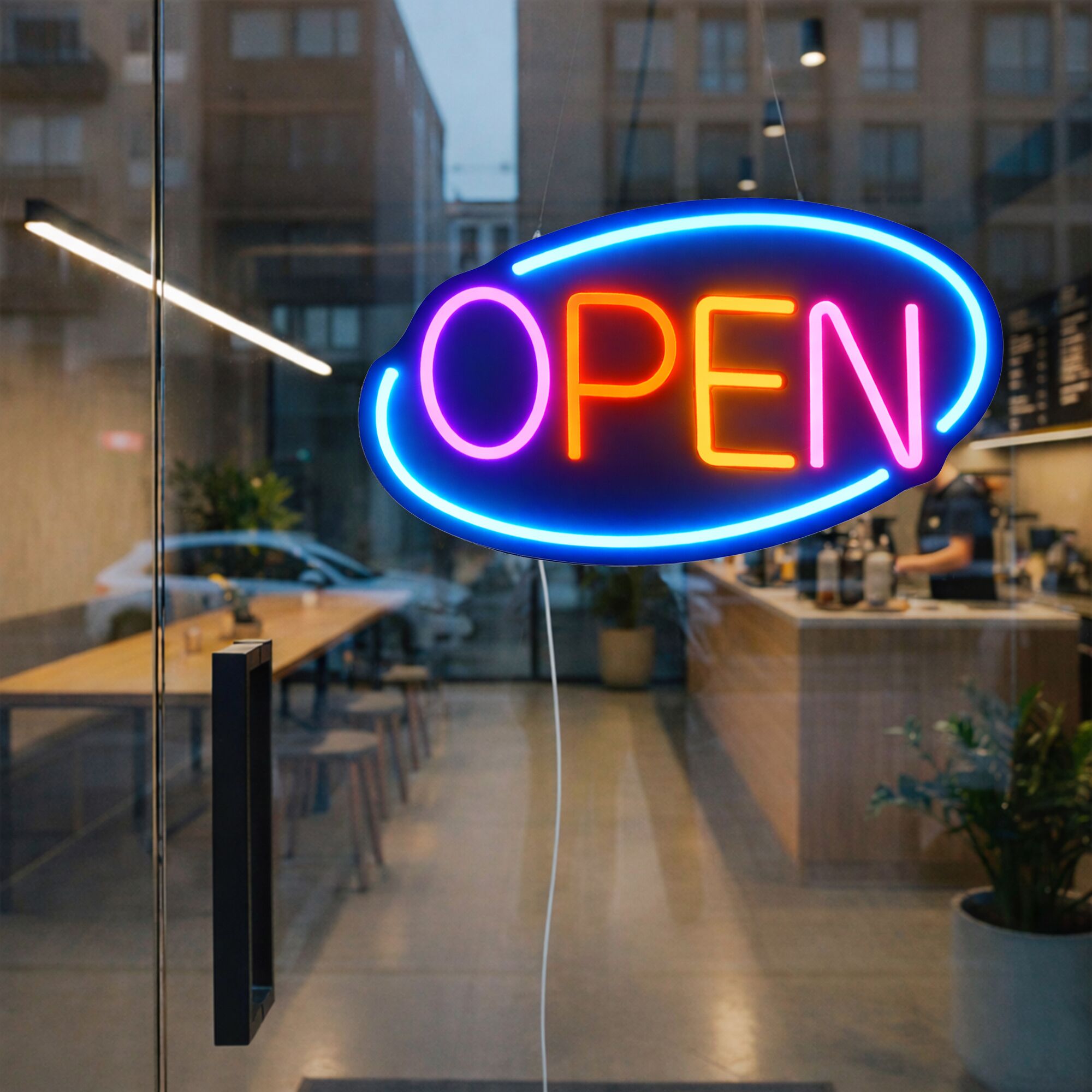 LED illuminated sign - OPEN - dimmable - Blue/Multi-colour - 420x250mm