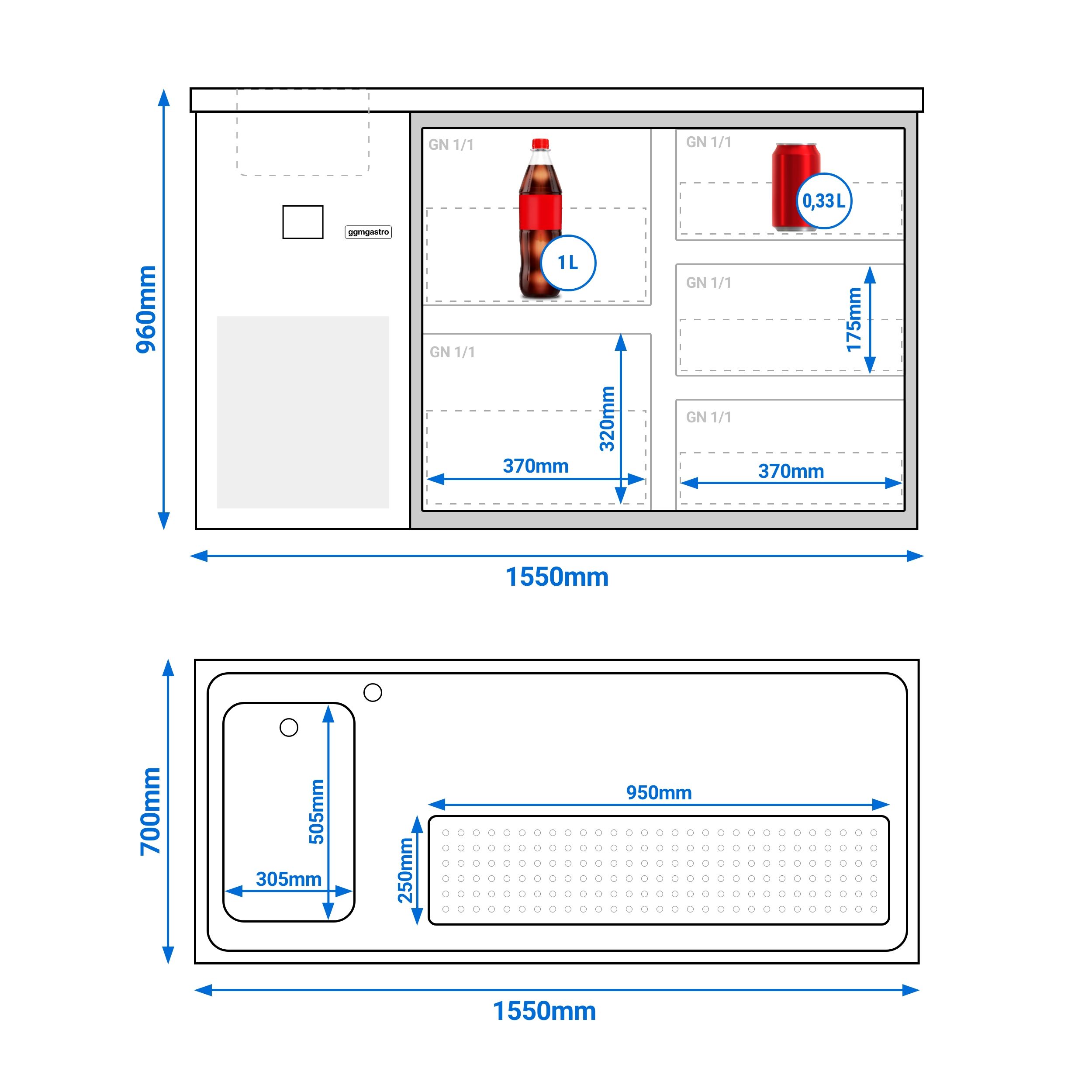 Comptoir de bar réfrigéré PREMIUM - 1550x700mm - 5 tiroirs en verre