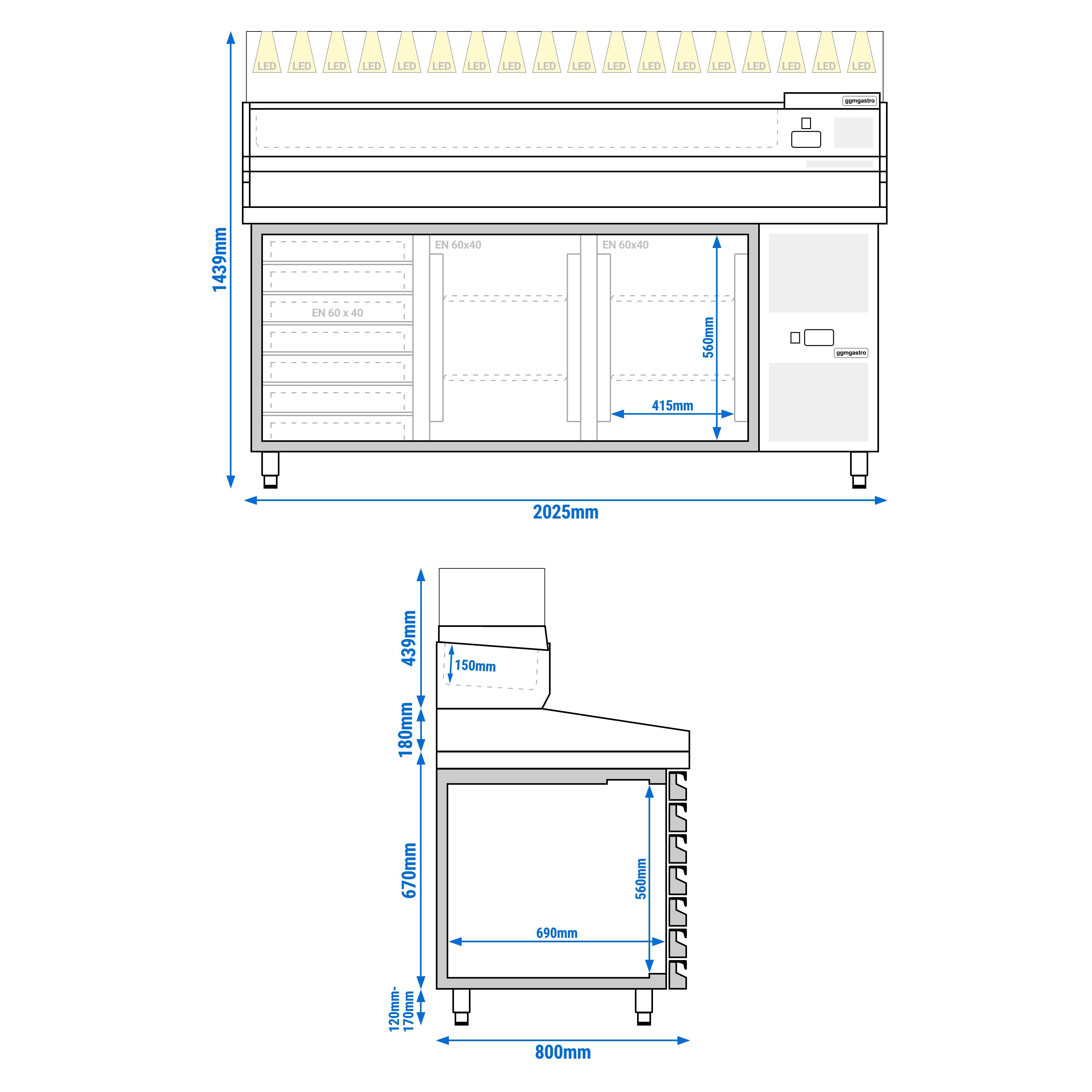 Table réfrigérée à pizza PREMIUM - 2000x800 mm - avec 2 portes & 7 tiroirs - incl. vitrine réfrigérée LED - 10x GN 1/4