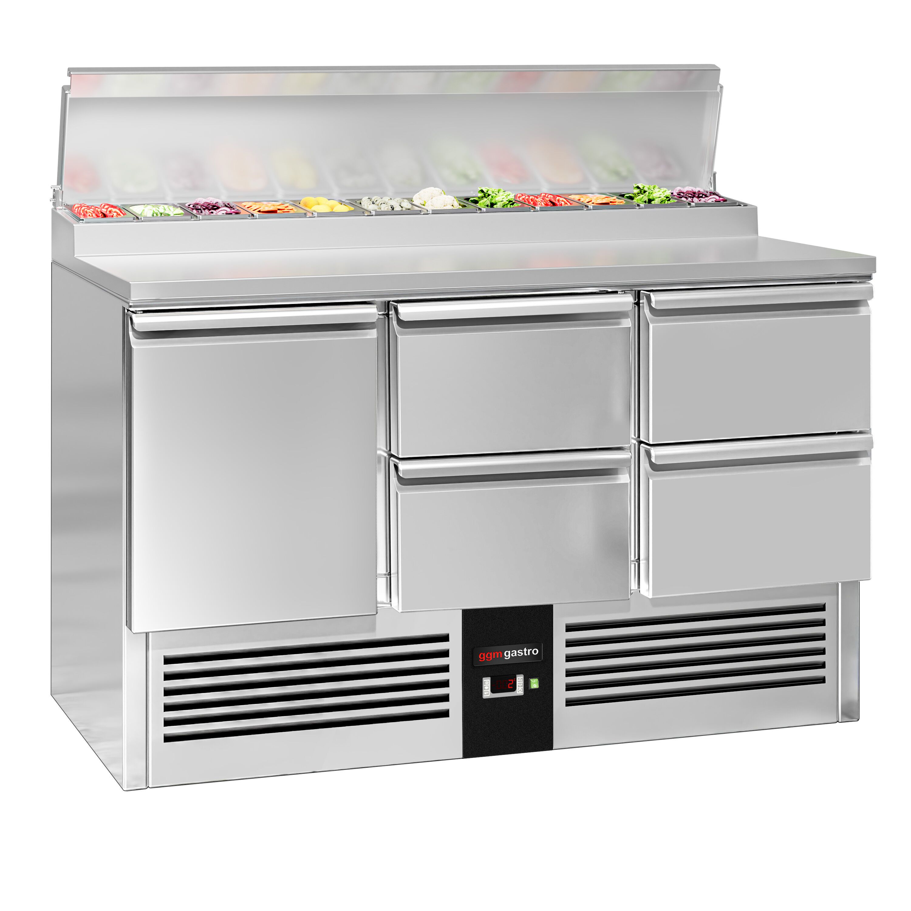 Table de préparation Mini PREMIUM – 1368 mm – 1 porte & 4 tiroirs – pour 8 bacs GN 1/6