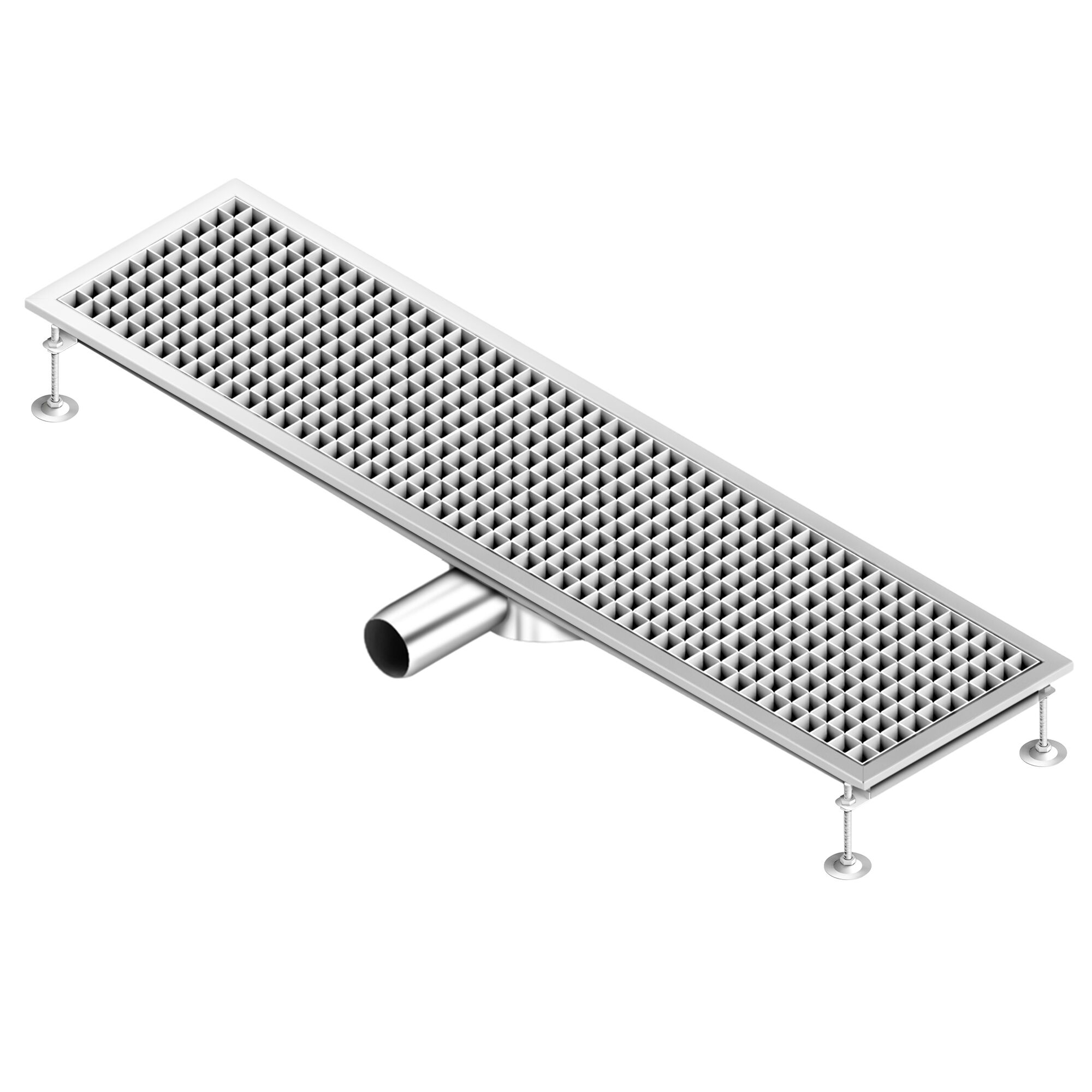 Caniveau de sol en acier inoxydable - 1200x300mm - sortie horizontale Ø70mm - avec caillebotis