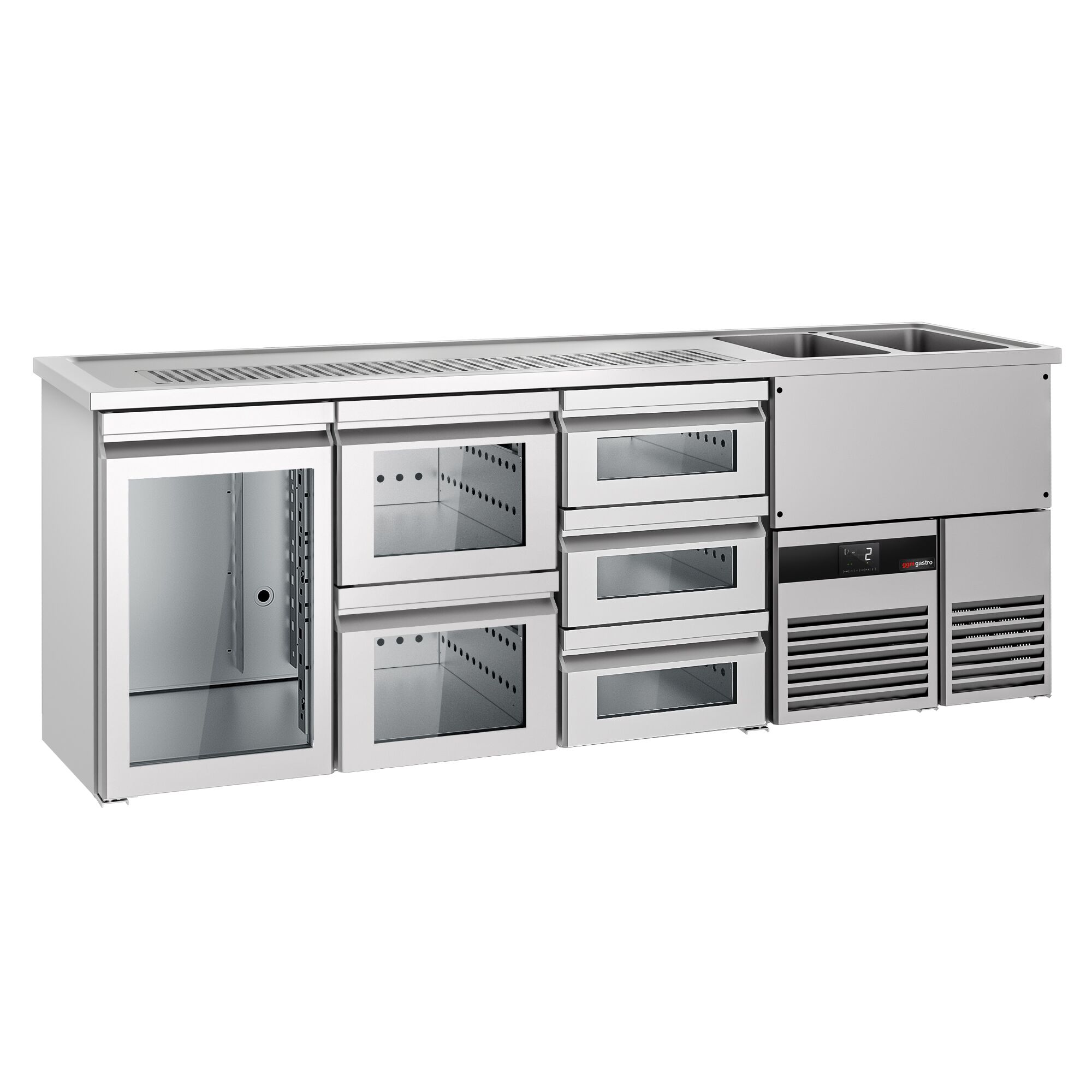Comptoir de bar réfrigéré PREMIUM - 2500x700mm - 1 porte vitrée & 5 tiroirs en verre