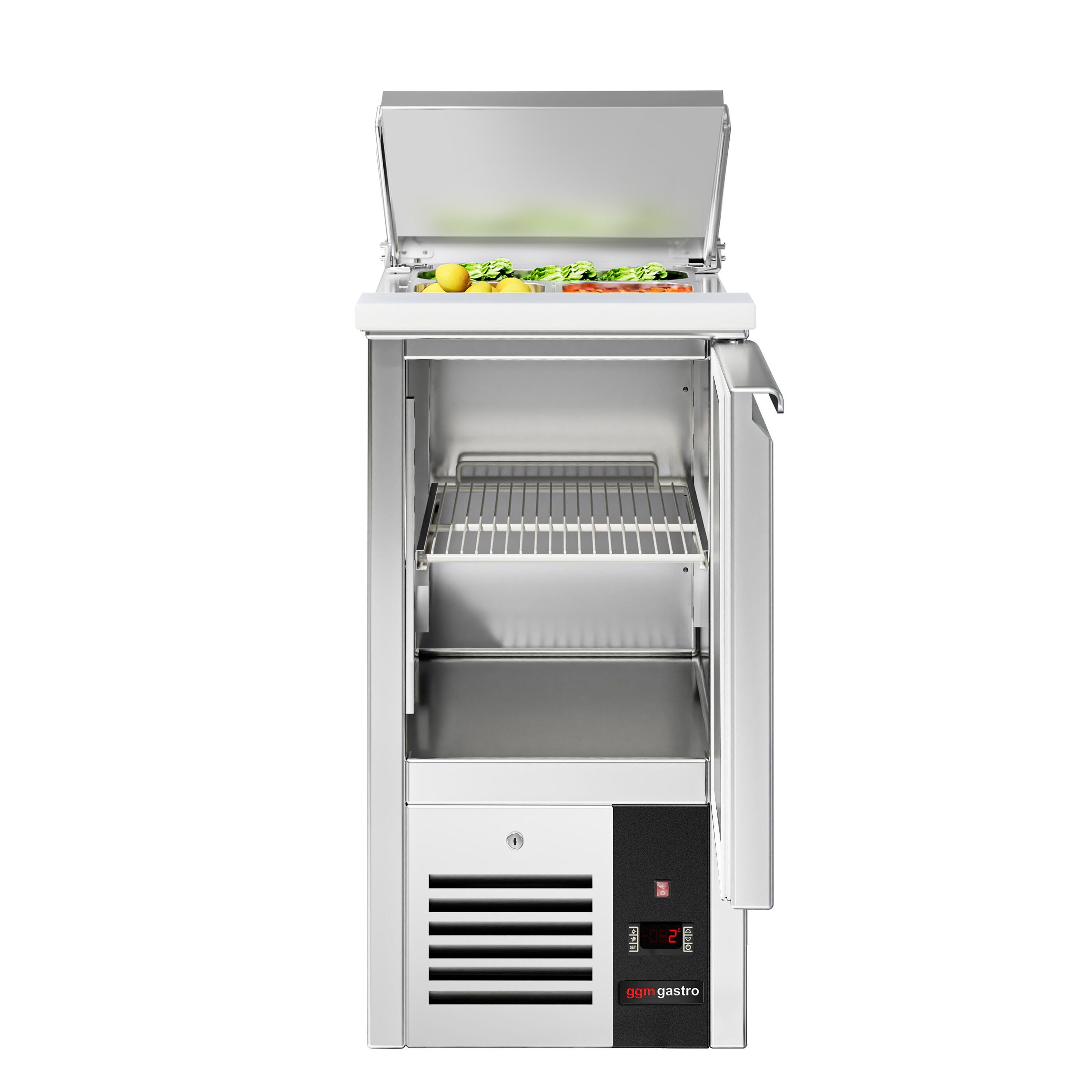 Saladette réfrigérée PREMIUM - 450mm - 102L - 1 porte - avec découpe pour 1x GN 1/1 & Couvercle inox