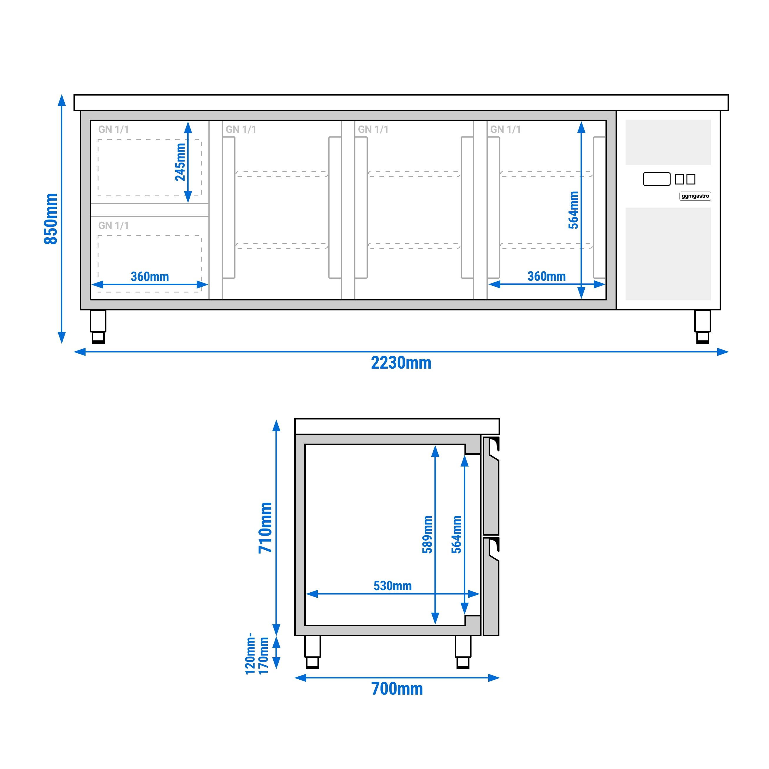 Table réfrigérée ECO - 2230 x 700 mm - avec 3 portes - 2 tiroirs