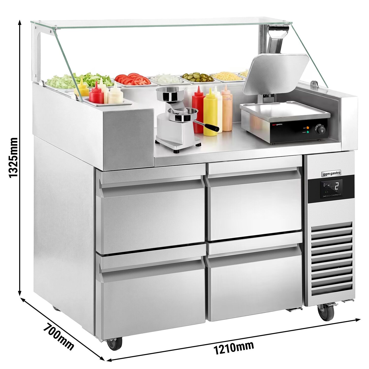 Table de préparation – 1210 mm – 4 tiroirs – pour 9 bacs GN 1/6 – incl. grill de contact & machine à hamburgers