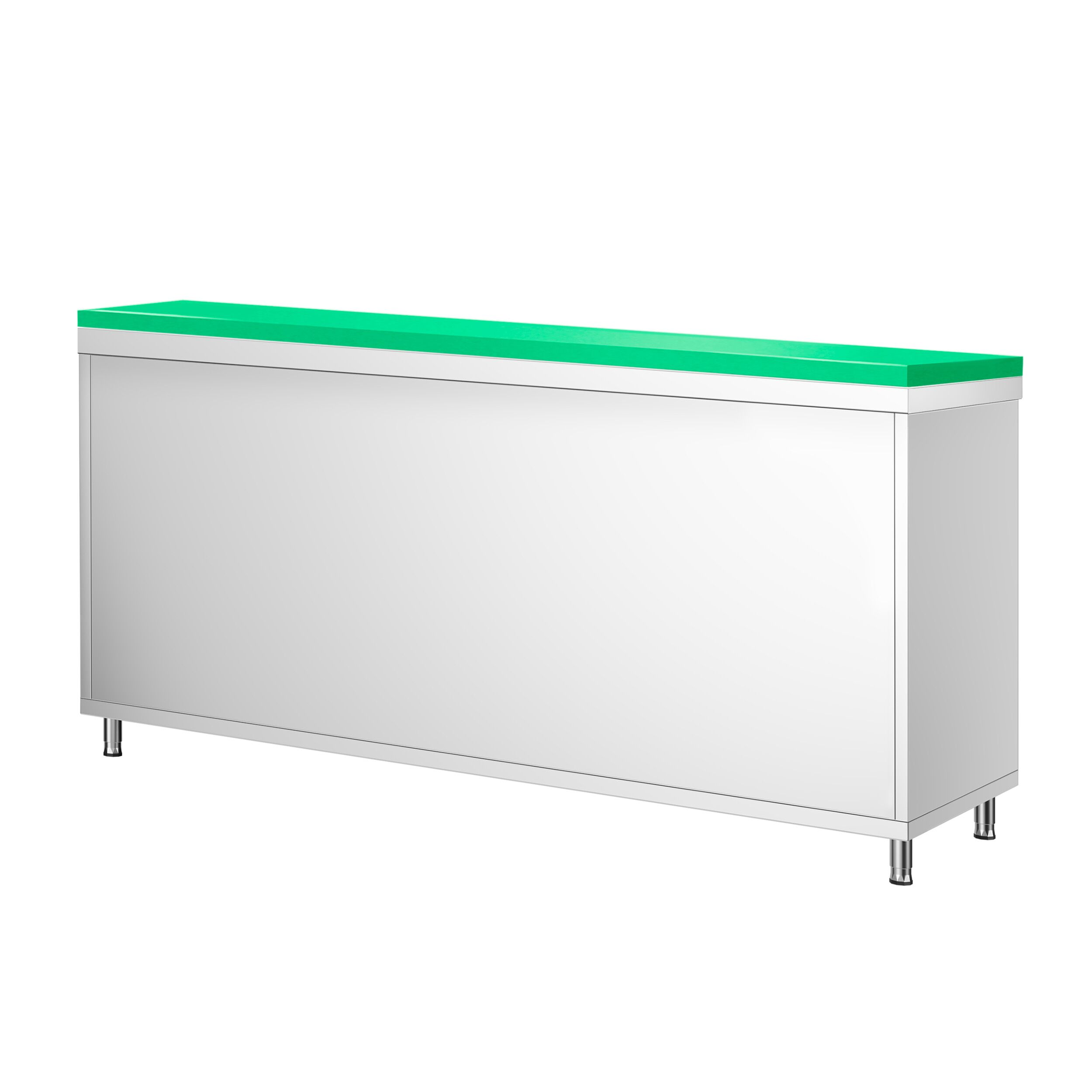 Table armoire en acier inoxydable PREMIUM - 1800x600mm - avec portes coulissantes - pour fruits et légumes - incl. plateau de découpe Vert PEHD (HACCP)