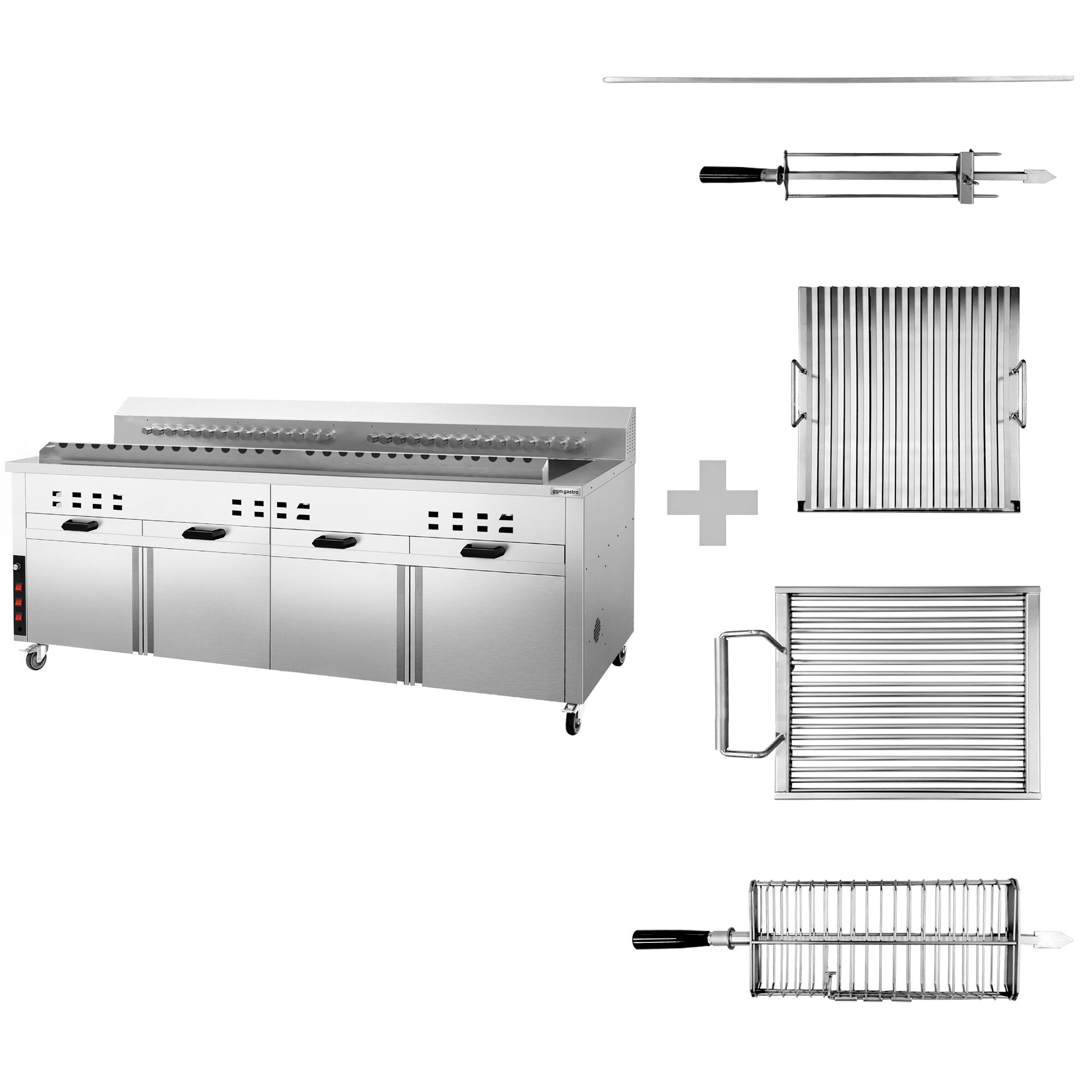 Mangal Charcoal Grill - 2000mm - with cabinet base - for Adana & Shish Kebab - 30 automatic rotating skewers
