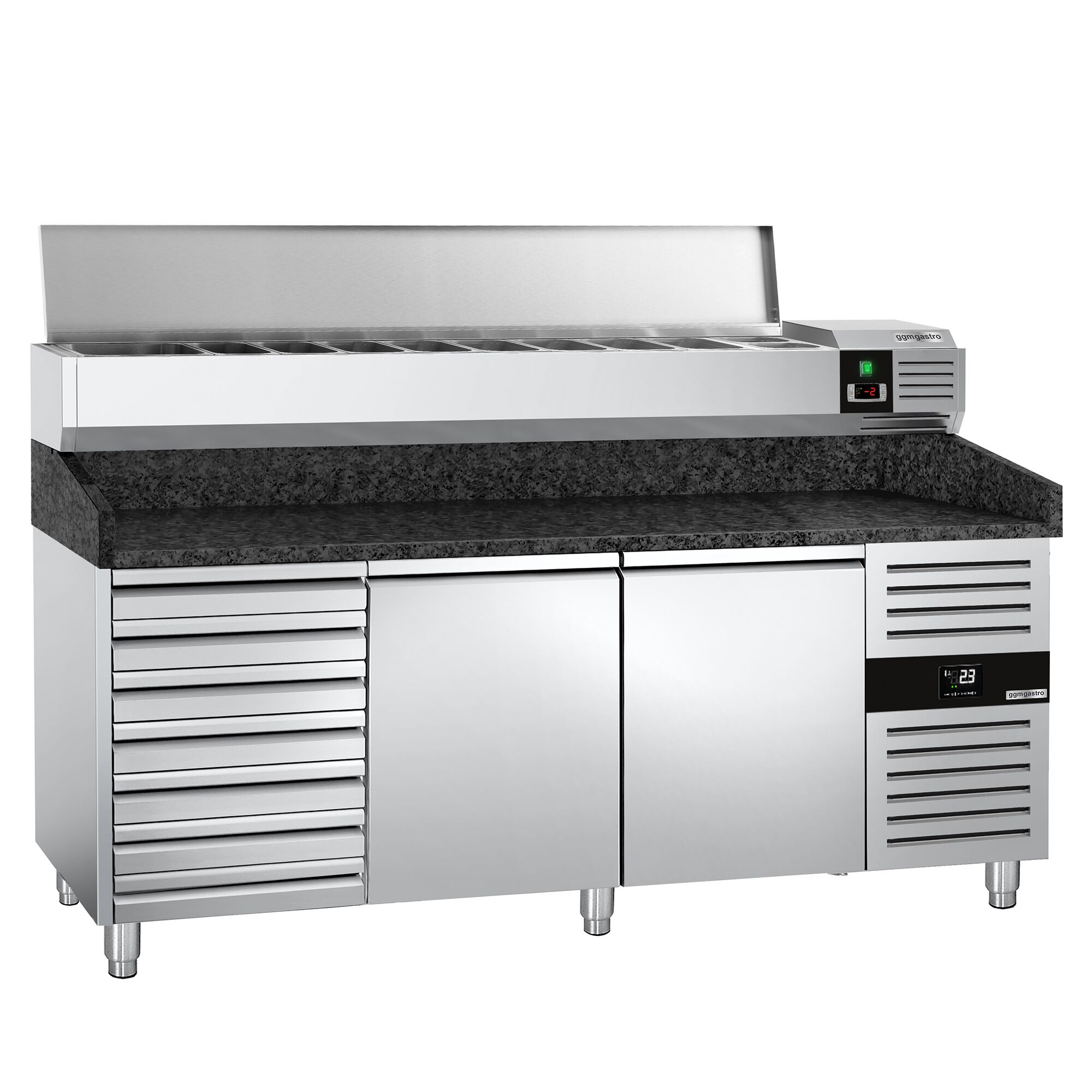 Table réfrigérée à pizza PREMIUM - 2000x800 mm - avec 2 portes & 7 tiroirs - incl. vitrine réfrigérée - 10x GN 1/4