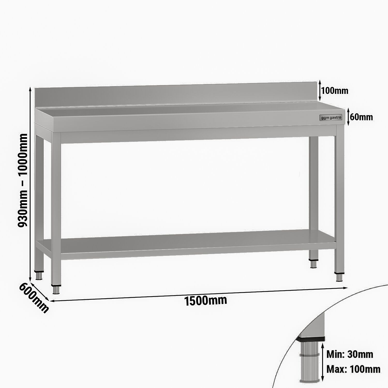 Table de travail en inox ECO – 1500 × 600 mm – avec tablette inférieure & dosseret