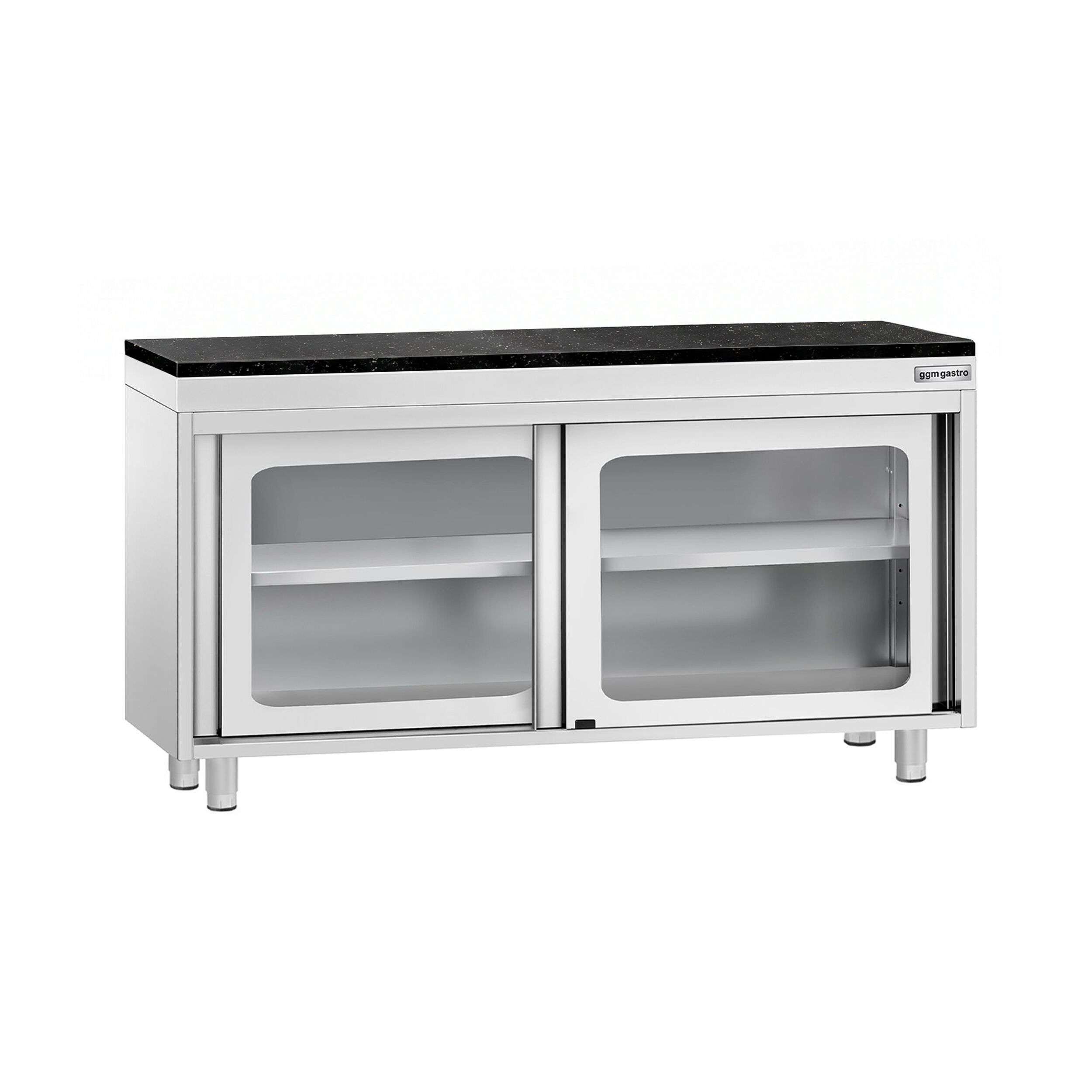 Edelstahl Arbeitsschrank PREMIUM - 1400x600mm - mit Glasschiebetür - inkl. Granitarbeitsplatte