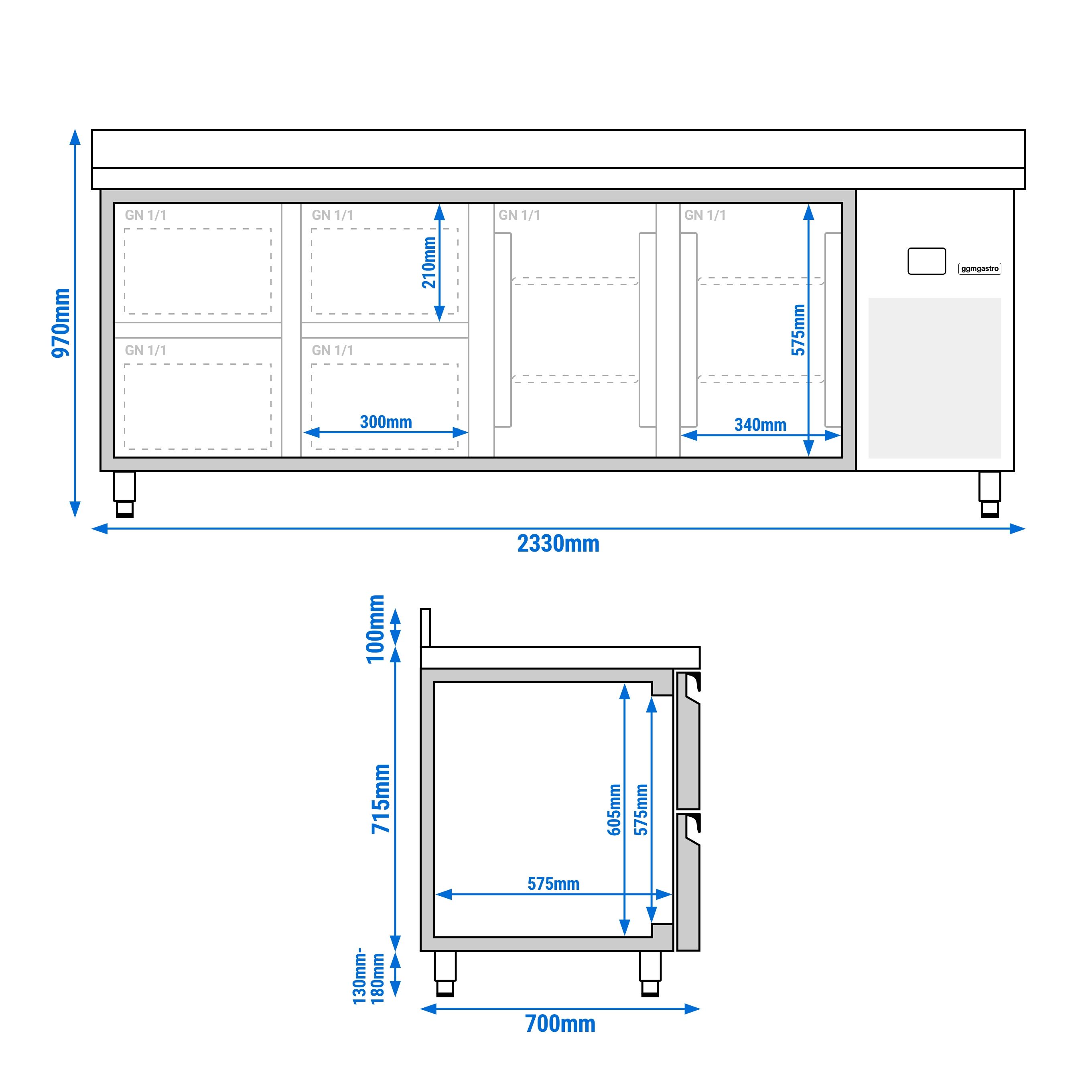 Table réfrigérée PREMIUM - 2330x700 mm - avec 2 portes - 4 tiroirs - avec dosseret