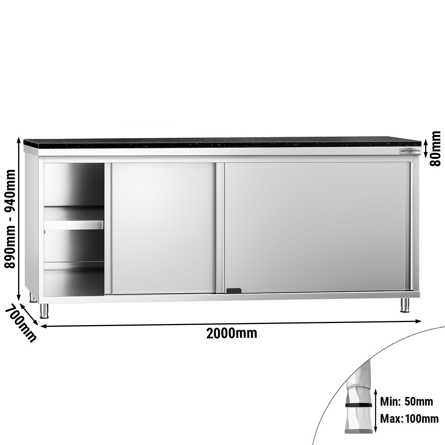 Edelstahl Arbeitsschrank PREMIUM - 2000x700mm - mit Schiebetür - inkl. Granitarbeitsplatte