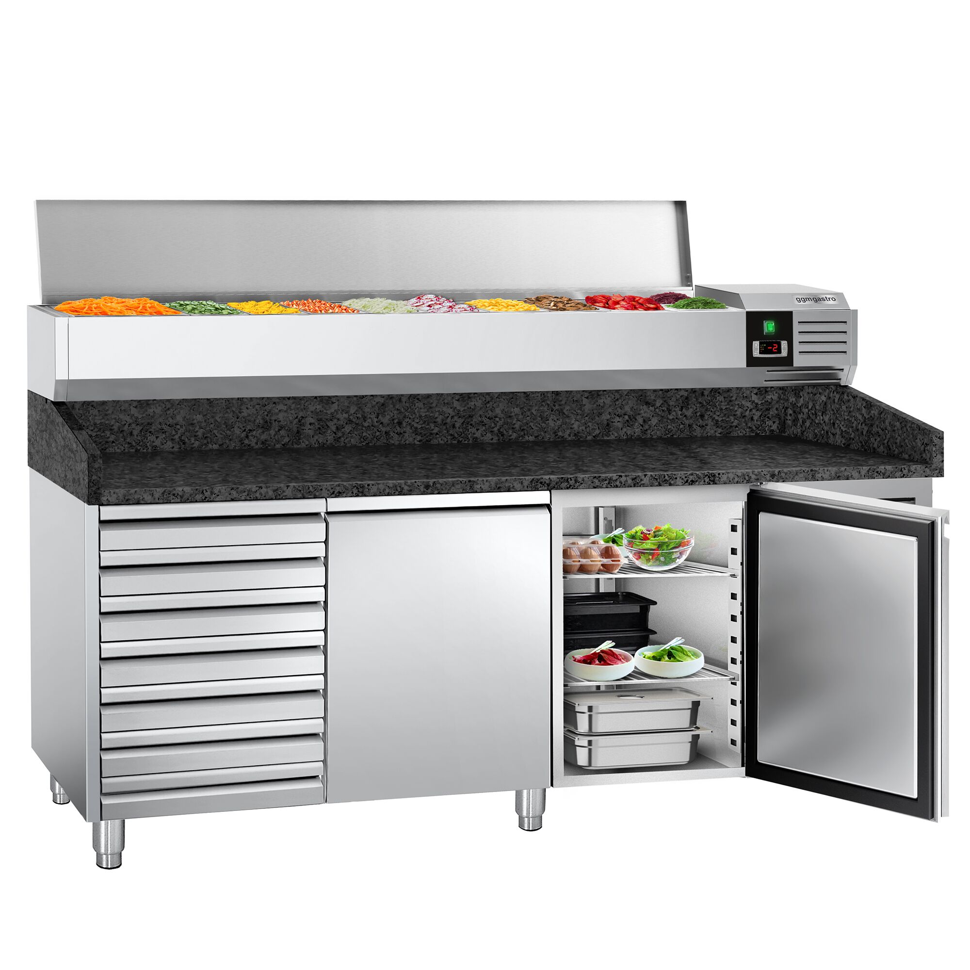 Table réfrigérée à pizza PREMIUM - 2000x800 mm - avec 2 portes & 7 tiroirs - incl. vitrine réfrigérée - 9x GN 1/3