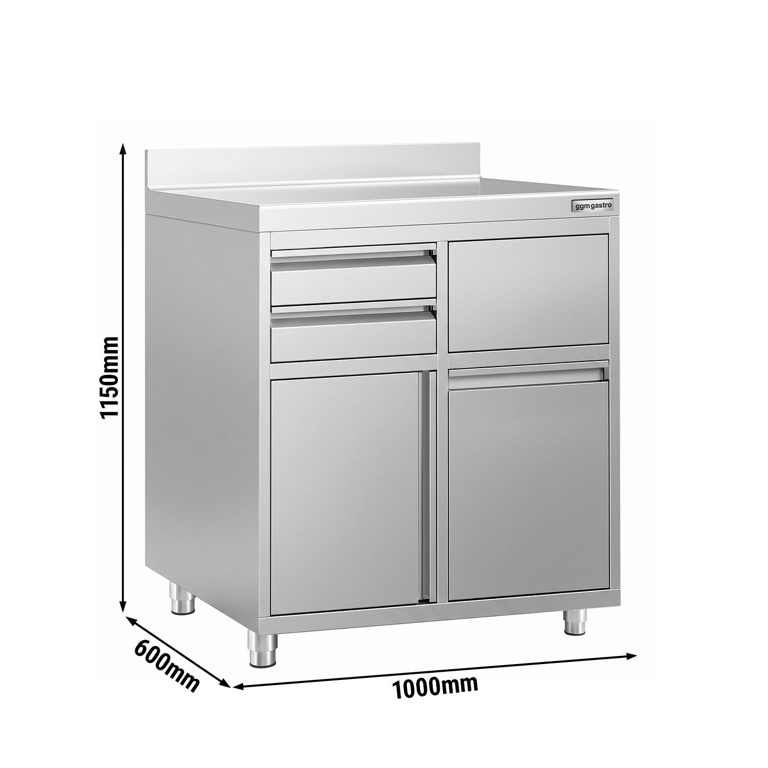 Arbetsskåp – för kaffebryggare – 1000 x 600 mm – med 1 svängdörr, 2 lådor, papperskorg och upphöjd kant