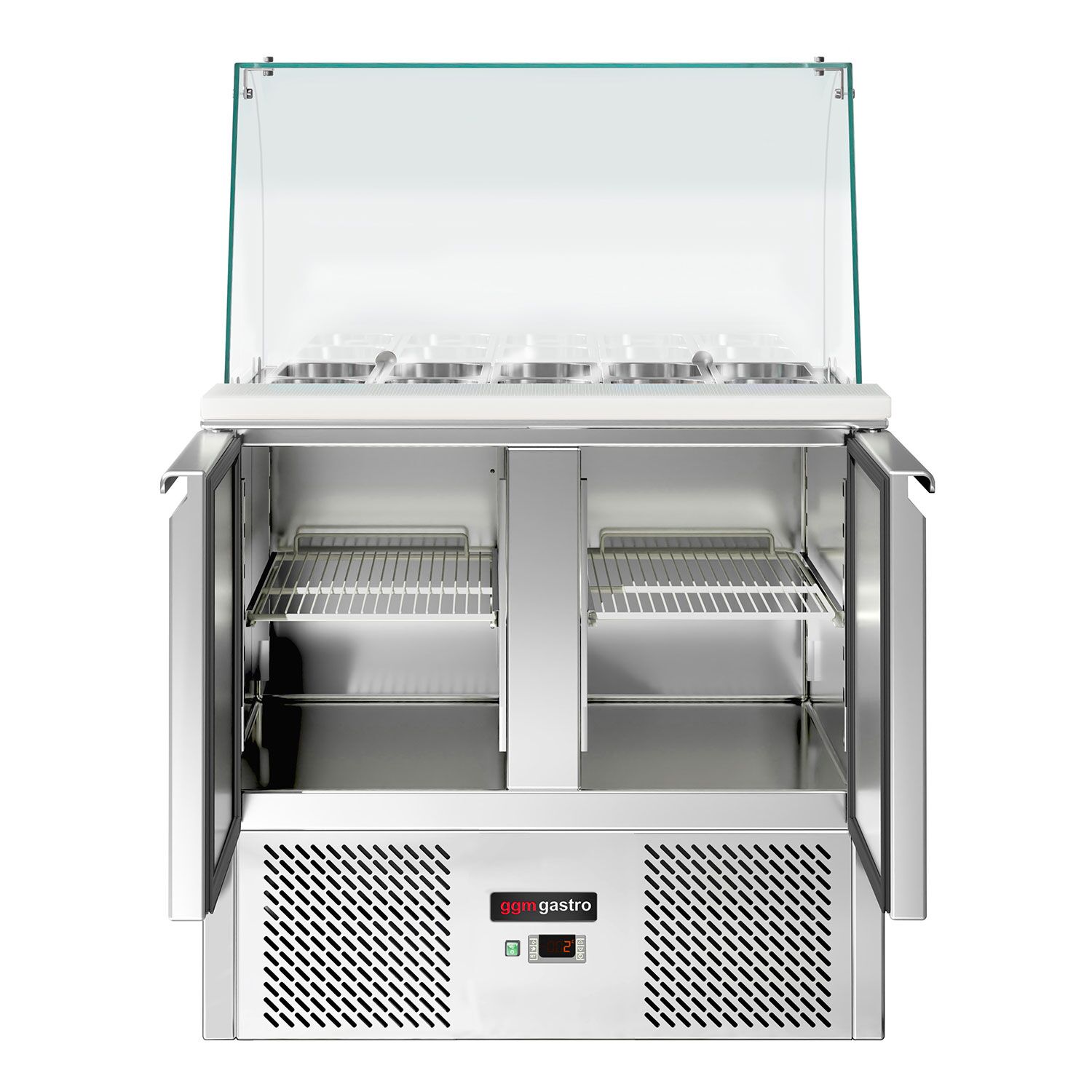 Saladette réfrigérée ECO - 900mm - 240L - 2 portes - avec vitrine de comptoir pour 2x GN 1/1 & 3x GN 1/6
