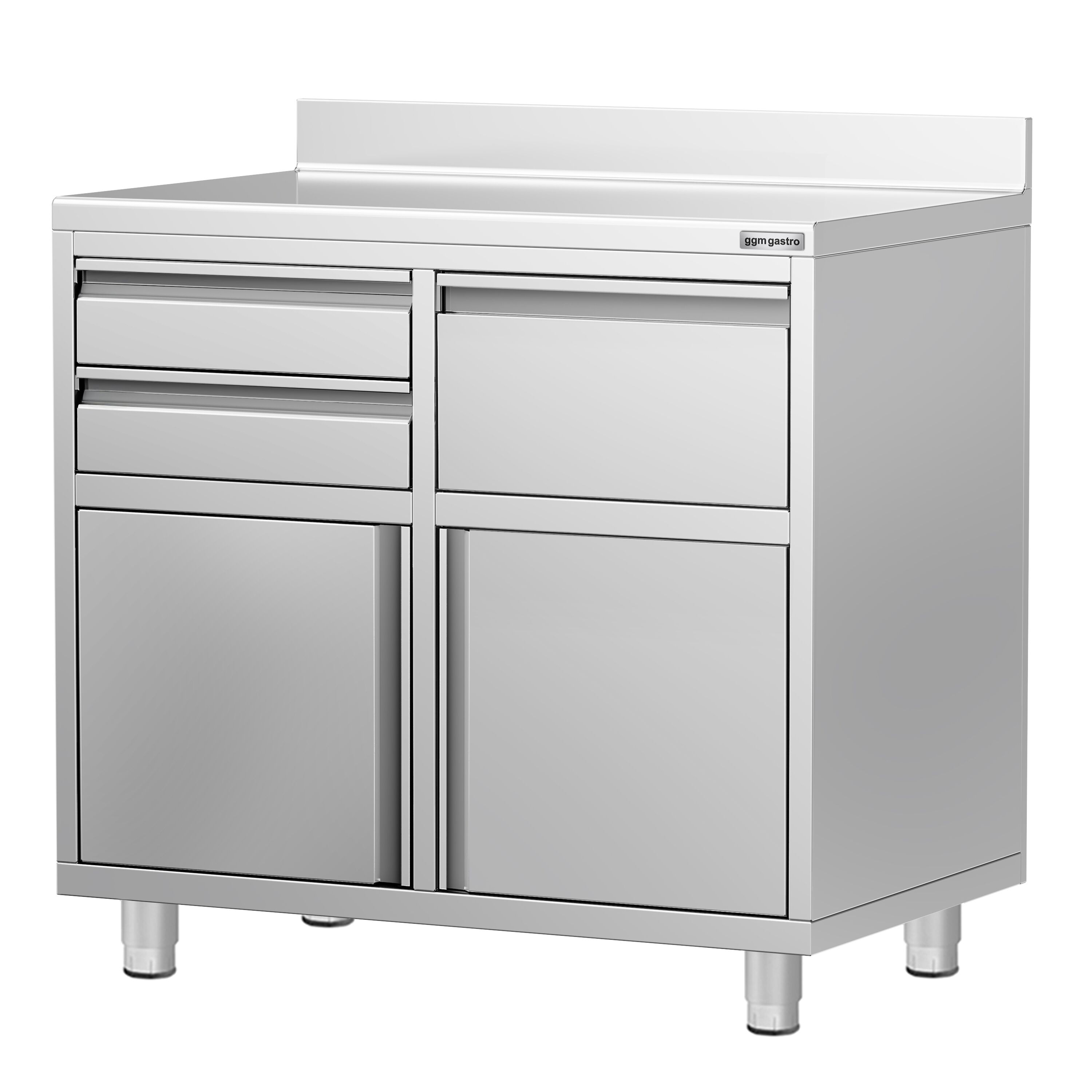 Armoire de travail PREMIUM pour machine à café filtre - 1000x600mm - avec dosseret - 2 tiroirs, 1 porte battante, 1 tiroir à marc de café
