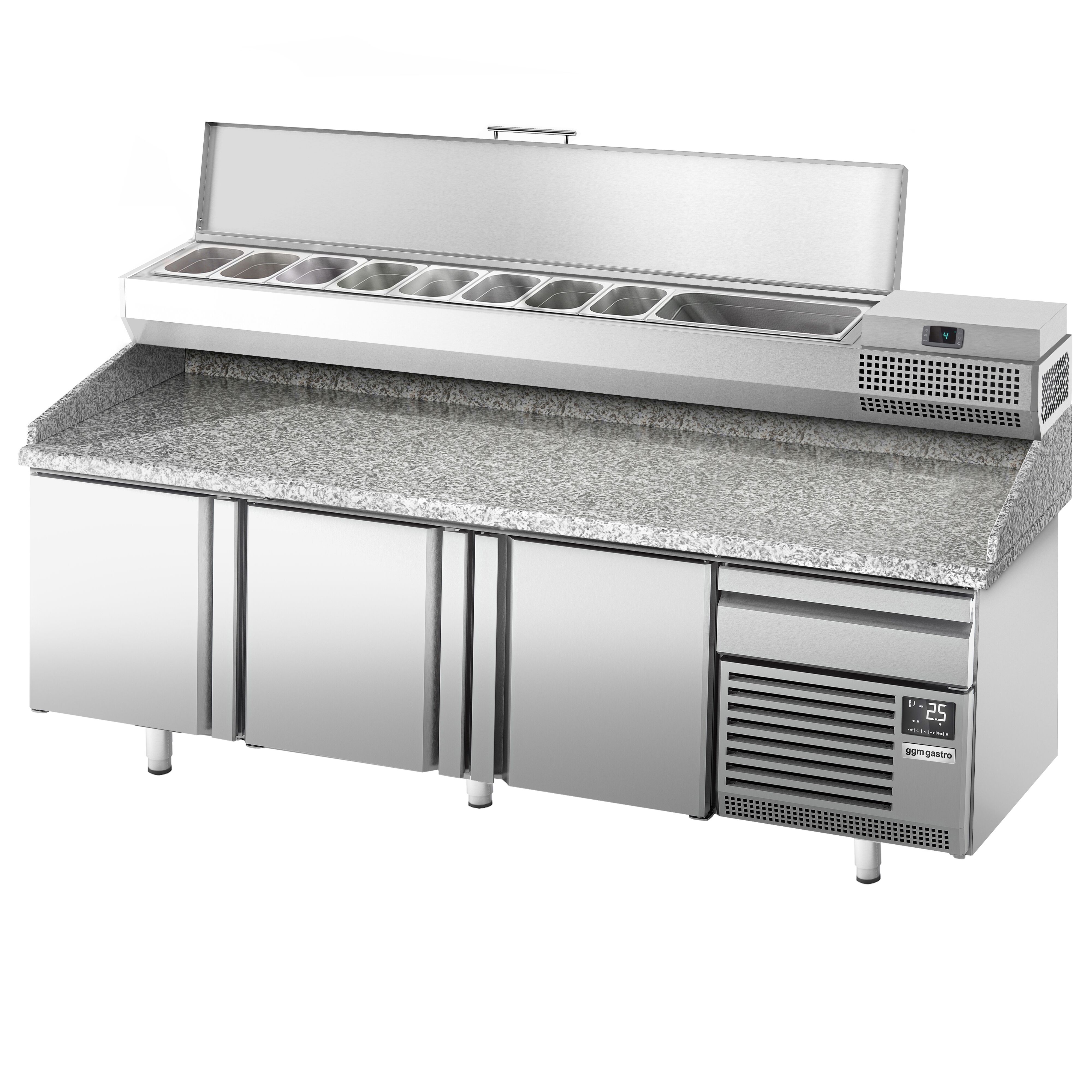 Table réfrigérée à pizza Premium PLUS - 2305 x 800 mm - avec 3 portes & 1 tiroir - incl. vitrine réfrigérée de présentation - 10x GN 1/3