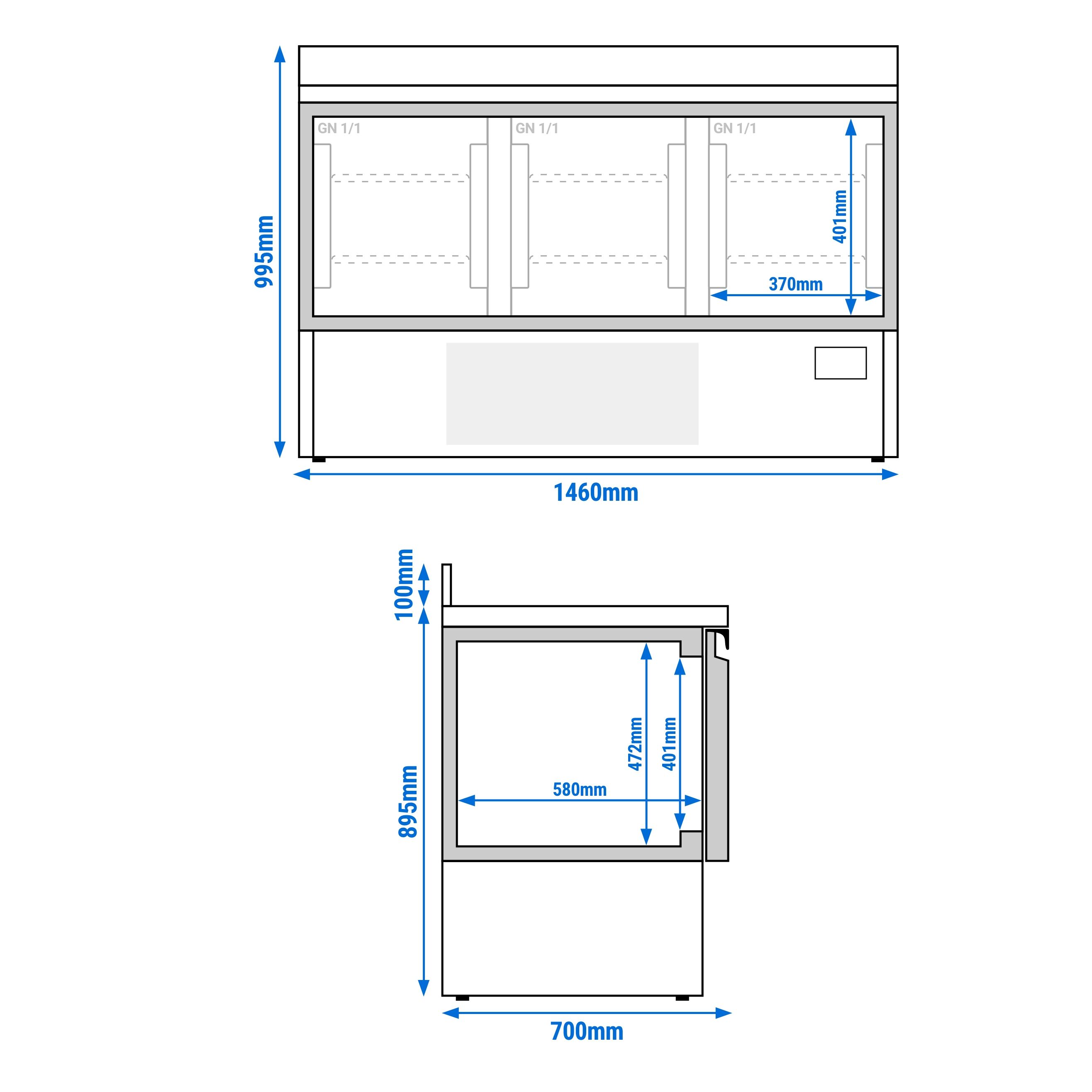 Table réfrigérée PREMIUM PLUS - 1460 x 700 mm - avec 3 portes - avec dosseret