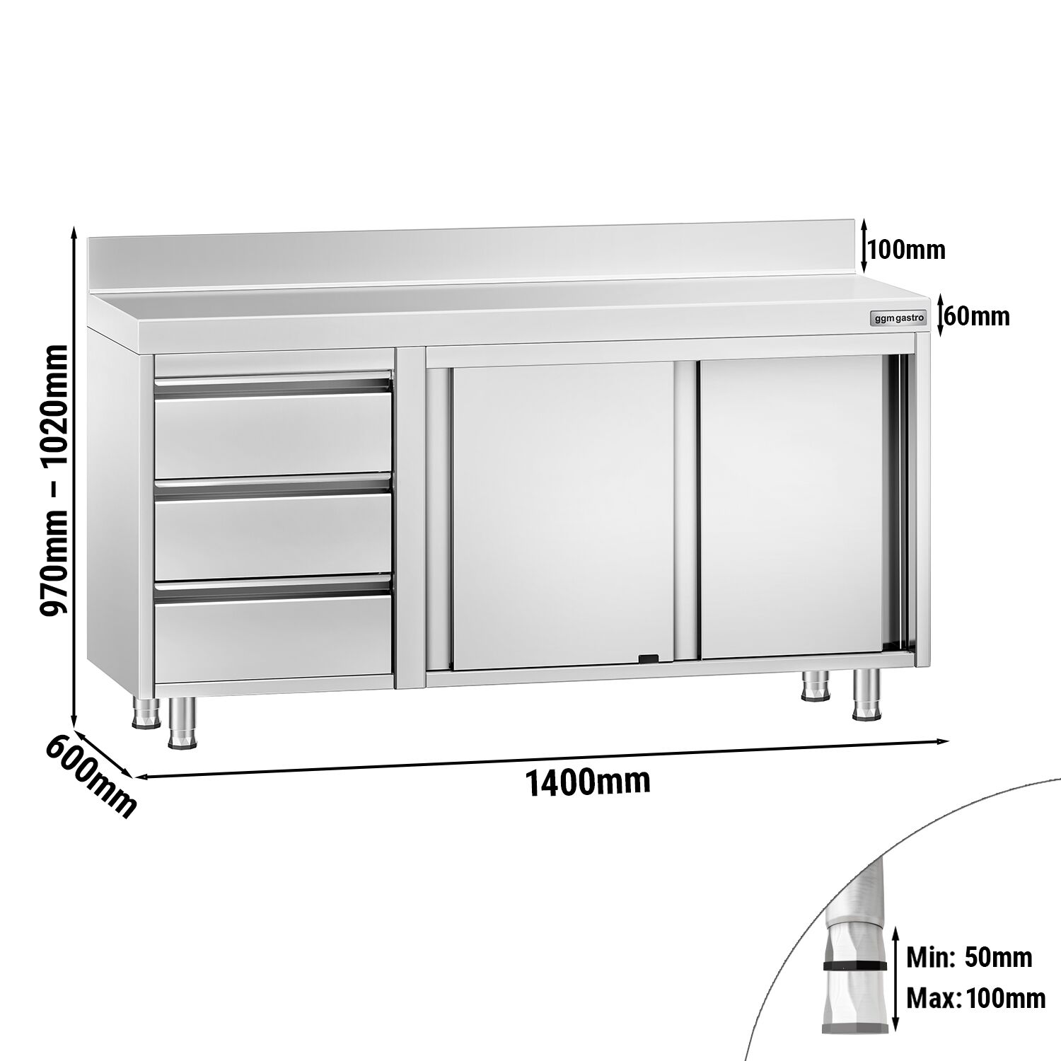 Table armoire en acier inoxydable PREMIUM - 1400x600mm - avec 3 tiroirs à gauche et portes coulissantes - avec dosseret