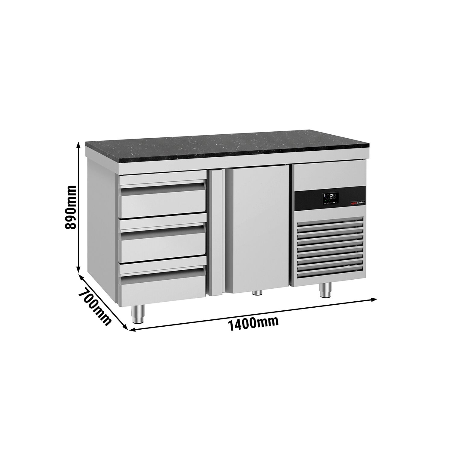 PREMIUM Refrigerated Counter – 1400 × 700 mm – with 1 Door & 3 Drawers – incl. Granite Worktop