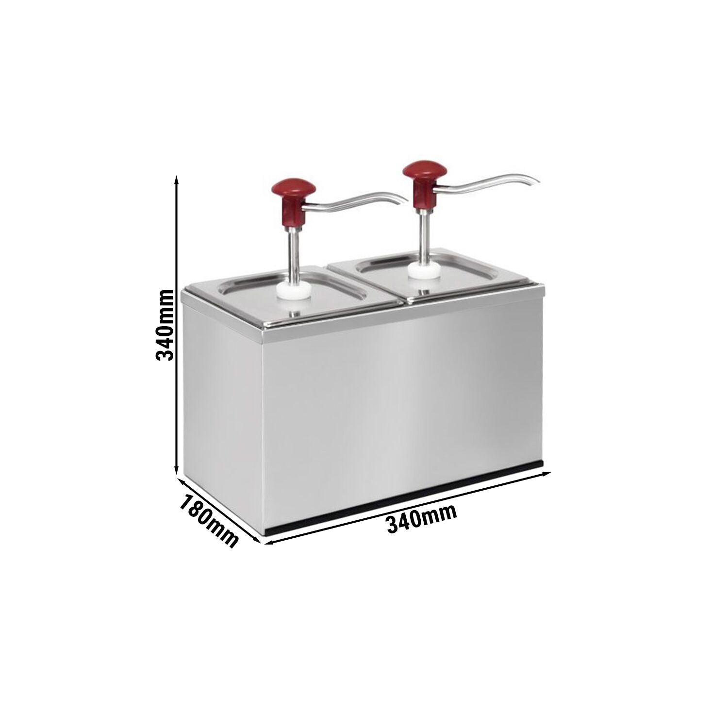 Commercial Condiment Dispenser - 2x 2 litres - adjustable dose - 30ml per pump - with container - incl. stainless steel frame - Chromed steel and plastic - 340x180x340mm