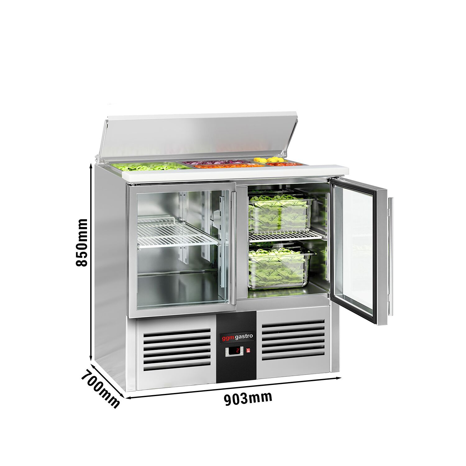 Saladette réfrigérée PREMIUM - 903mm - 240L - 2 portes vitrées - avec découpe pour 2x GN 1/1 & 3x GN 1/6 & Couvercle inox - plan de travail en granit noir