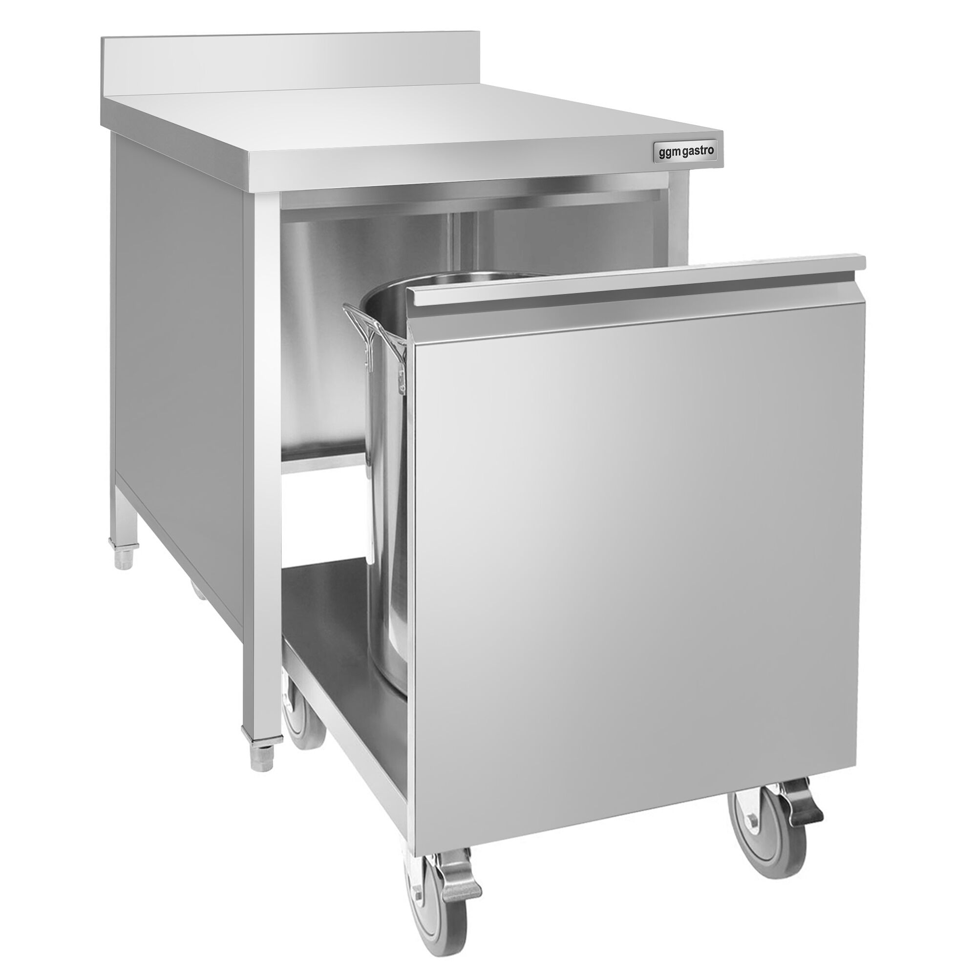 Poubelle - Carénée, à tiroir frontal - 50L - 700x970x700mm - avec roulettes, bac intérieur amovible, fermeture douce, support de sac - dosseret 100x15mm - Acier inoxydable