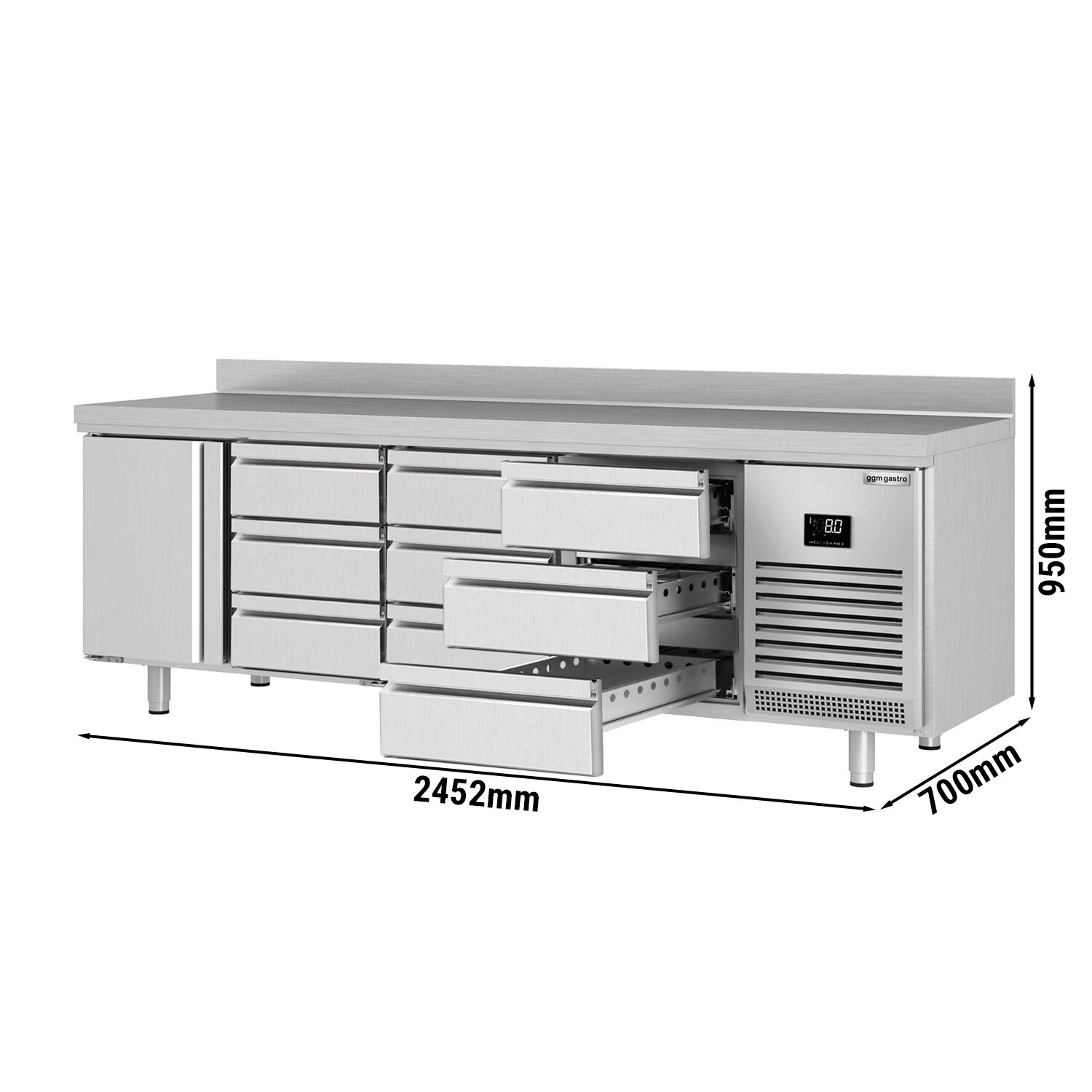 Table réfrigérée Premium PLUS - 2452x700 mm - avec 1 porte - 9 tiroirs - avec dosseret