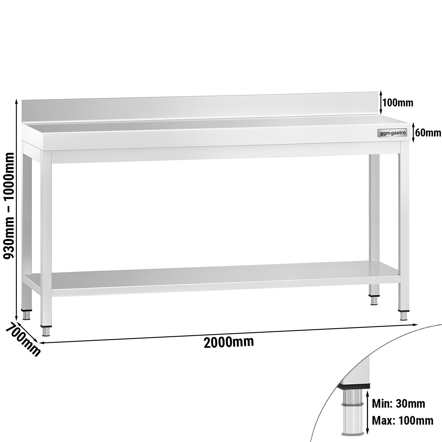 Table de travail inox PREMIUM - 2000 x 700 mm - avec tablette inférieure & Dosseret