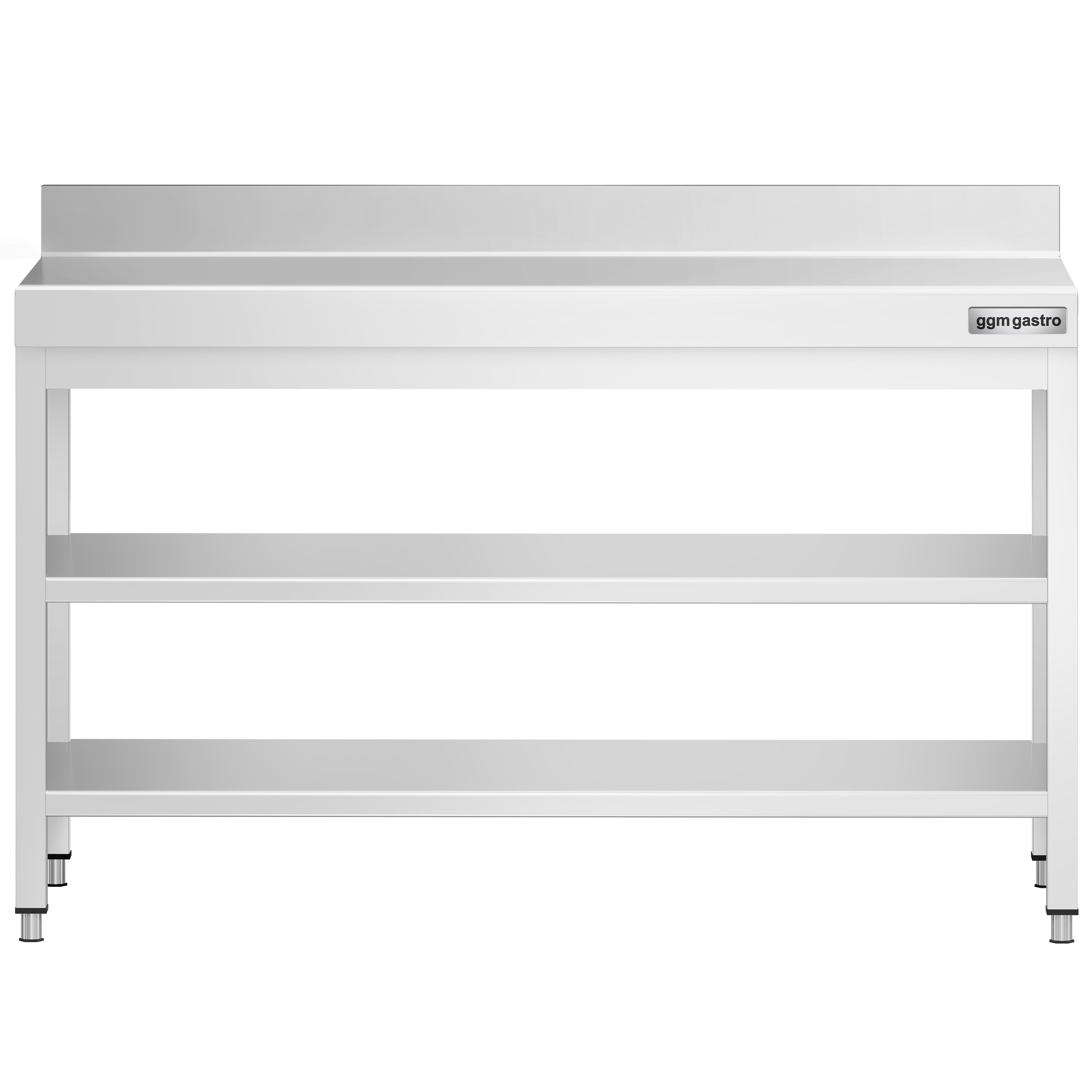 Table de travail inox PREMIUM - 1400 x 800 mm - avec tablette inférieure, Dosseret & Tablette intermédiaire