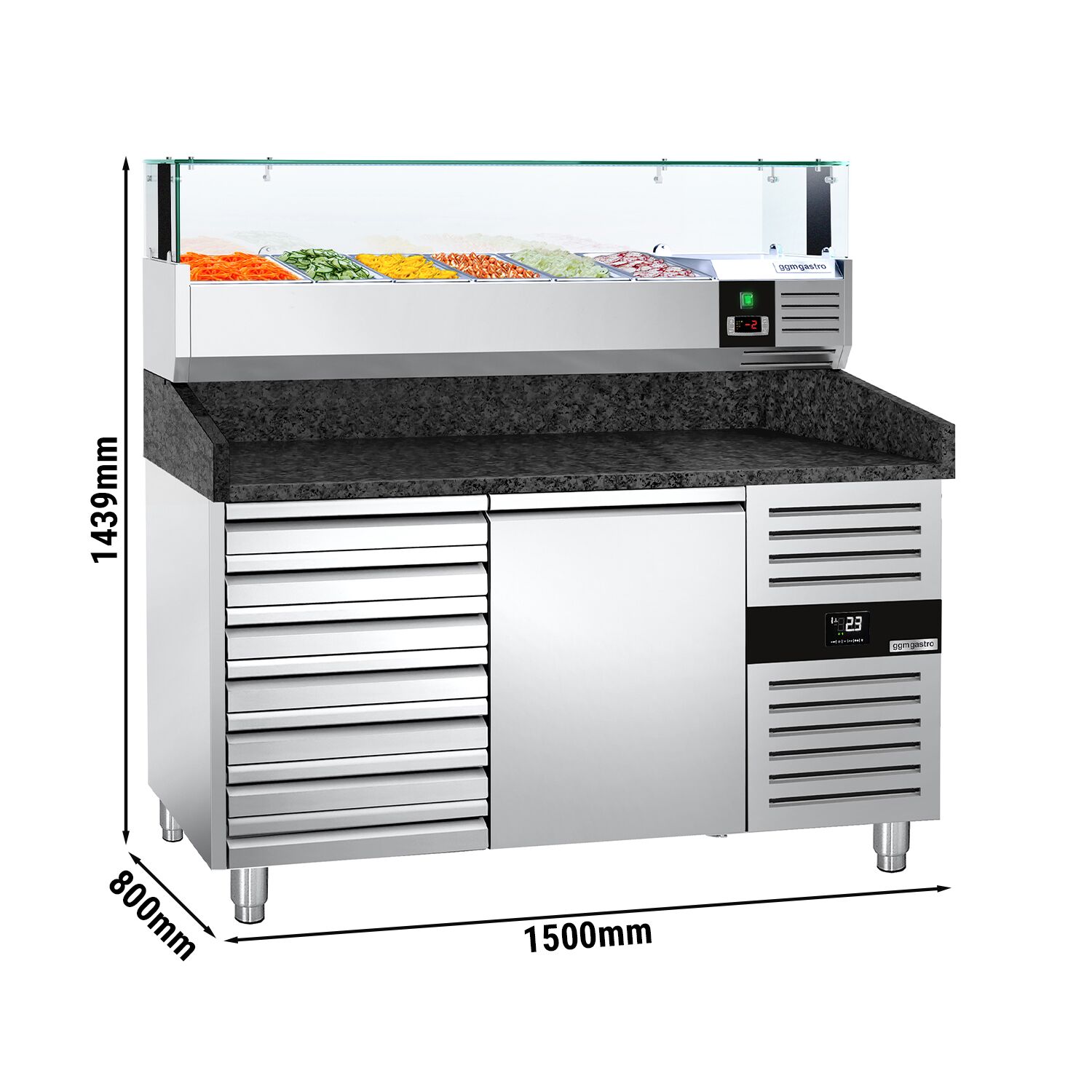Table réfrigérée à pizza PREMIUM - 1500x800 mm - avec 1 porte & 7 tiroirs - incl. vitrine réfrigérée LED - 5x GN 1/3 + 1x GN 1/2