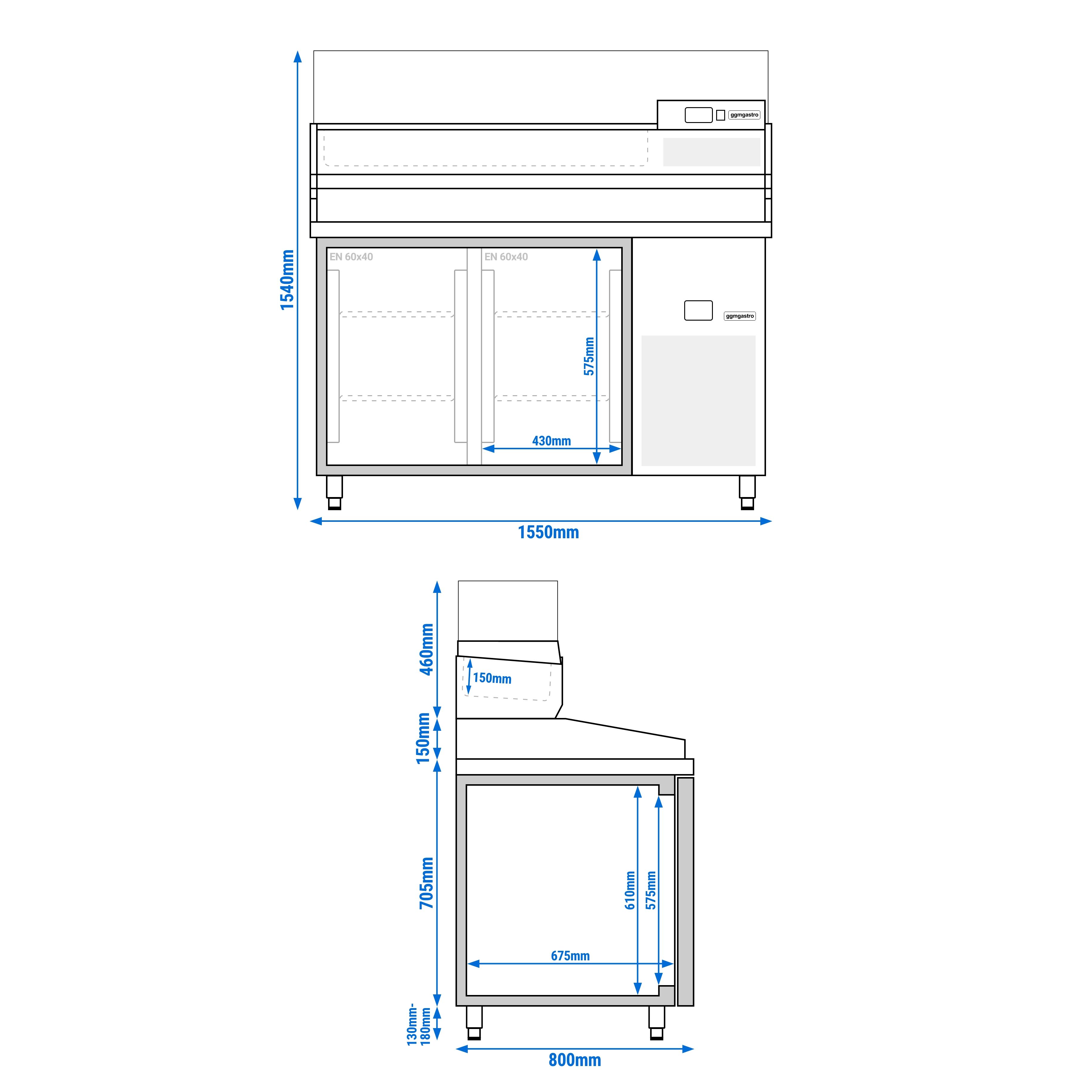Table réfrigérée à pizza PREMIUM - 1550x800 mm - avec 2 portes - incl. vitrine réfrigérée - 6x GN 1/3