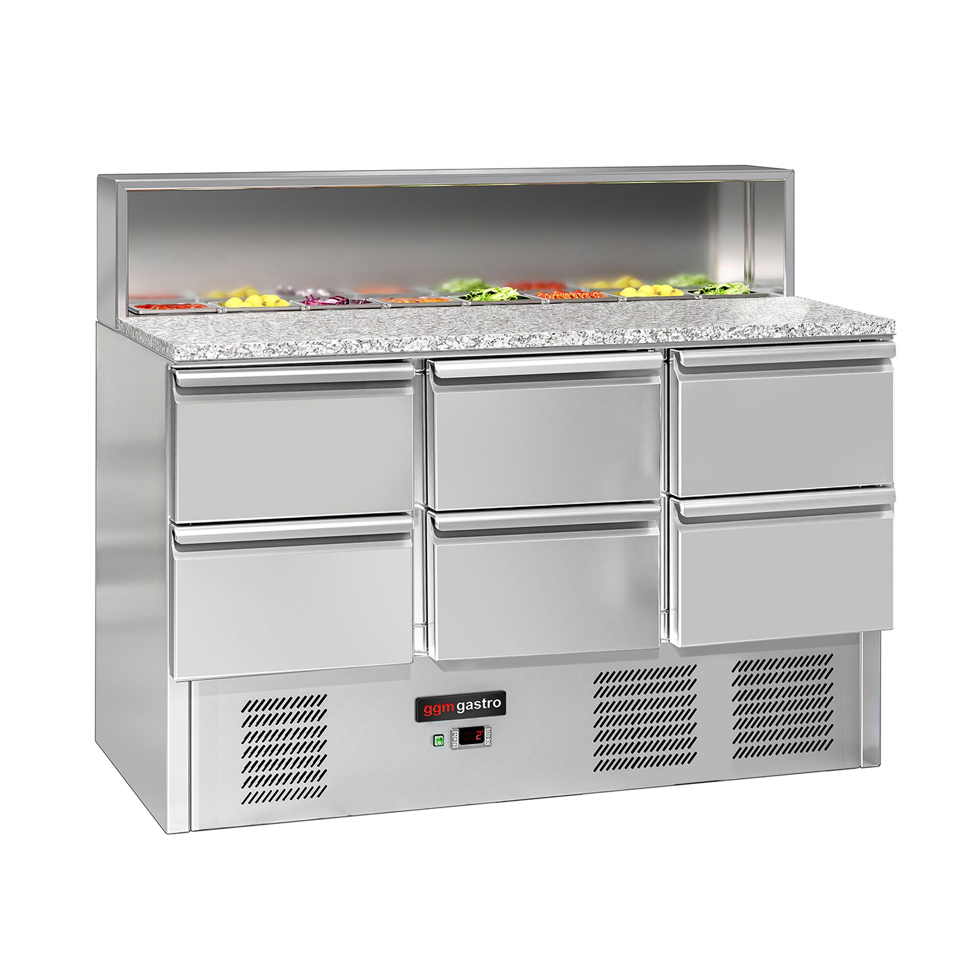 Saladette réfrigérée ECO - 1368mm - 402L - 6 tiroirs - pour 8x GN 1/6 & Couvercle inox - plan de travail en granit noir