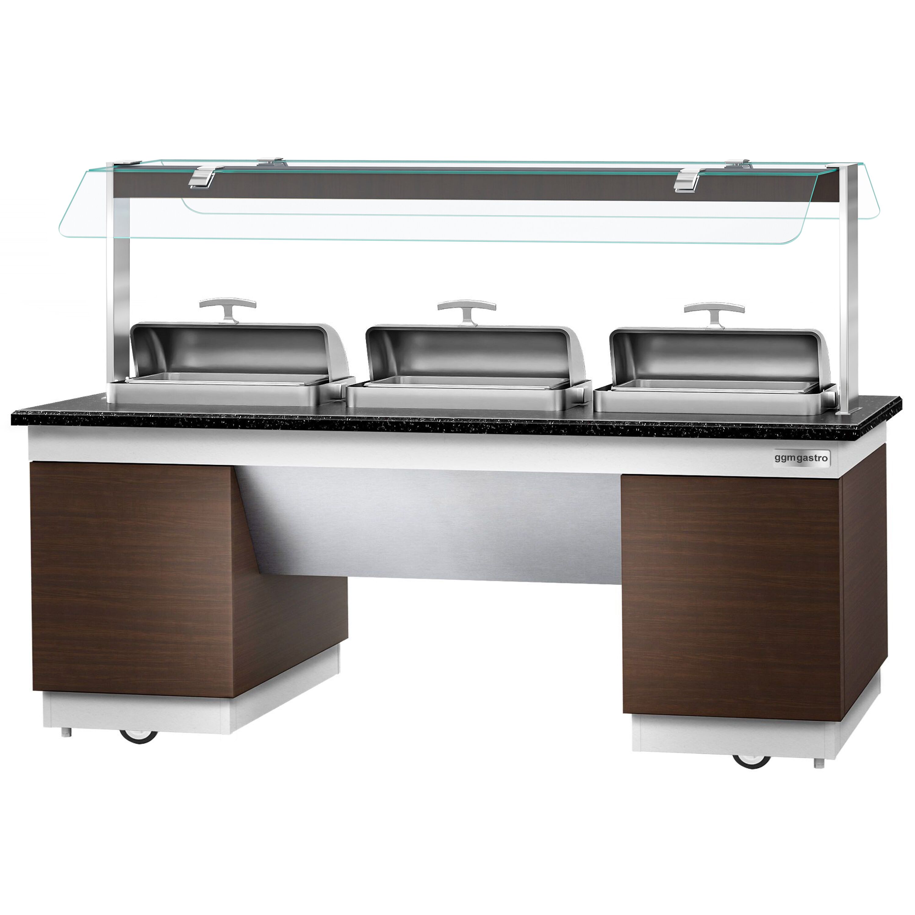 Buffet chaud DUBLIN - 2300mm - avec 3 Chafing Dishes - sur roulettes