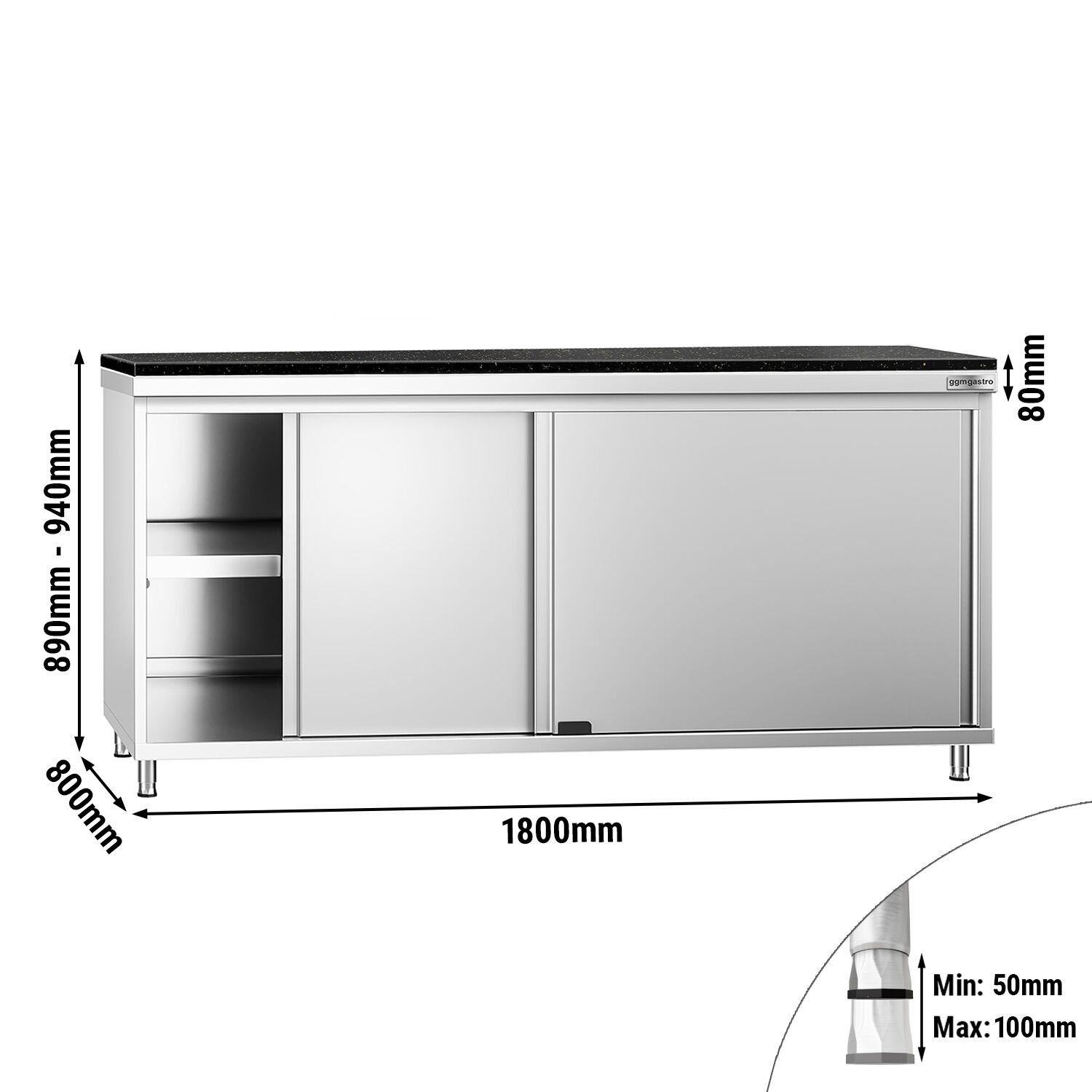 Edelstahl Arbeitsschrank PREMIUM - 1800x800mm - mit Schiebetür - inkl. Granitarbeitsplatte
