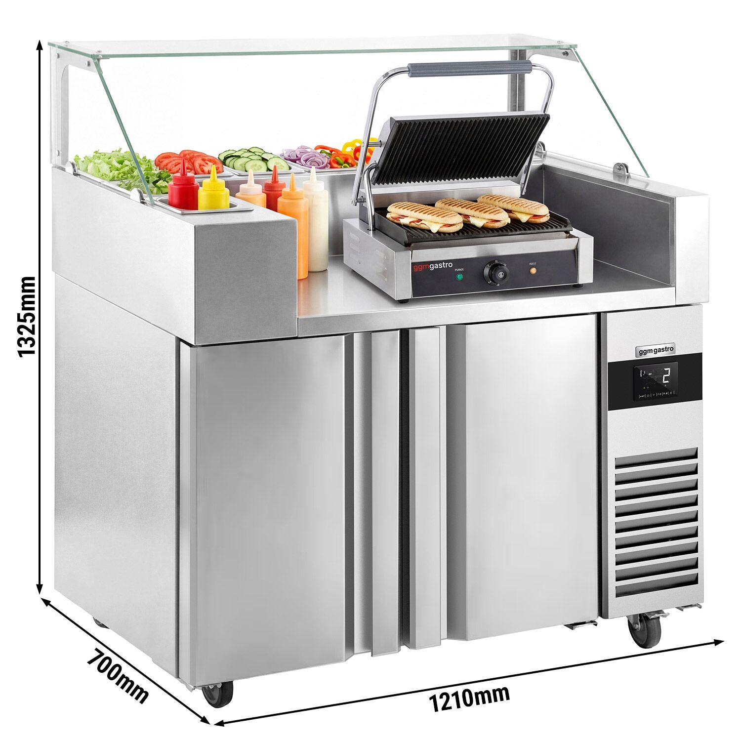 Table de préparation – 1210 mm – 2 portes – pour 9 bacs GN 1/6 – incl. grill de contact