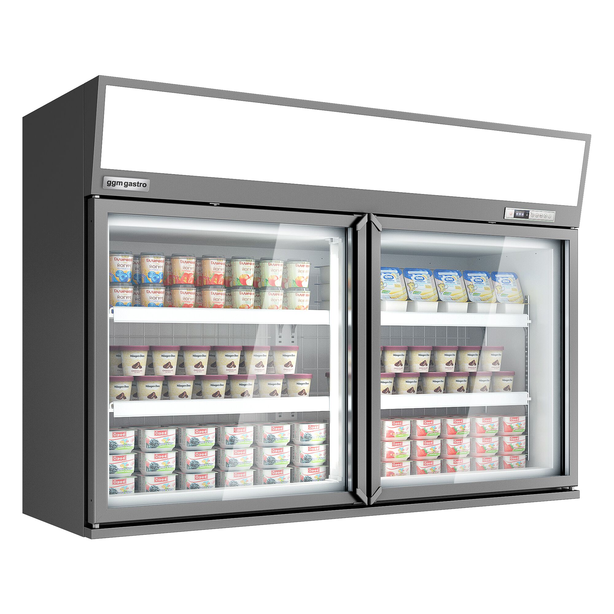 Vitrine murale de congélation pour supermarché - 2 portes - avec îlot de congélation inclus - Gris