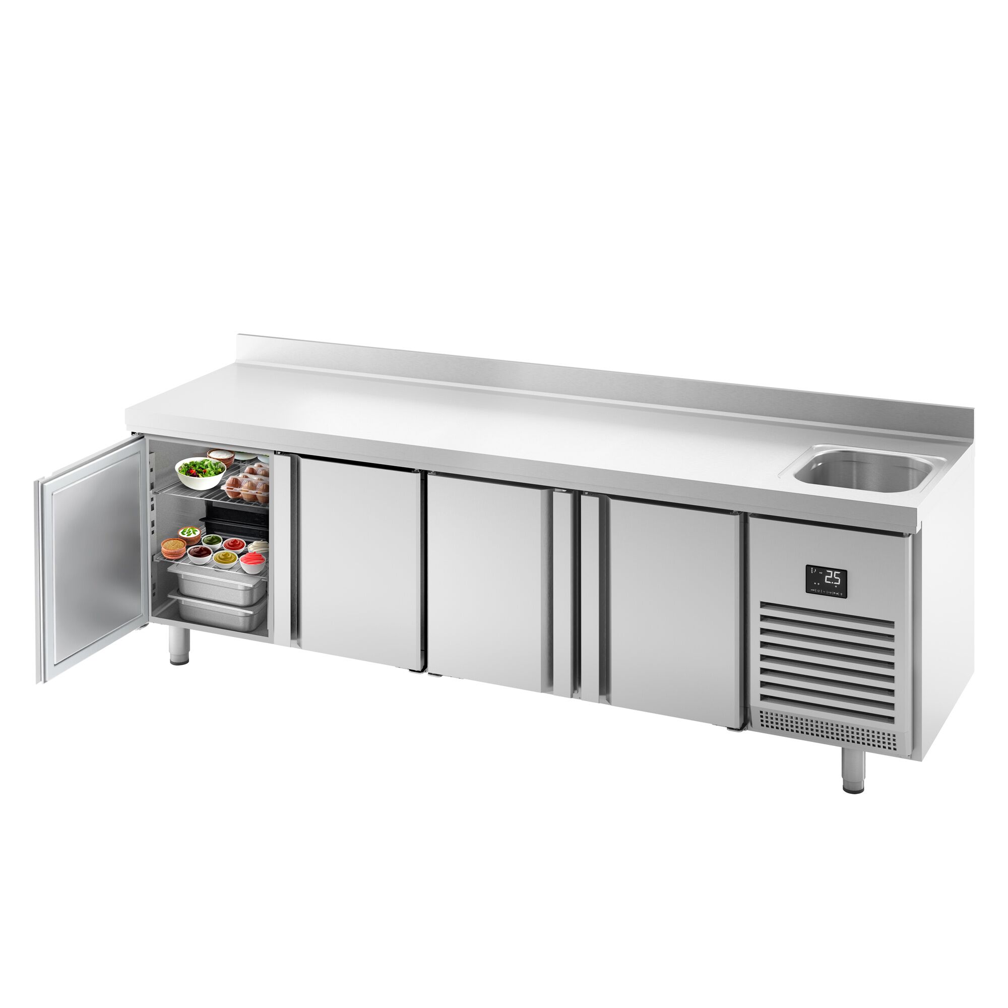 Commercial Counter Fridge PREMIUM PLUS - 2452x600mm - with sink - with 4 doors - with upstand - capacity 510 litres