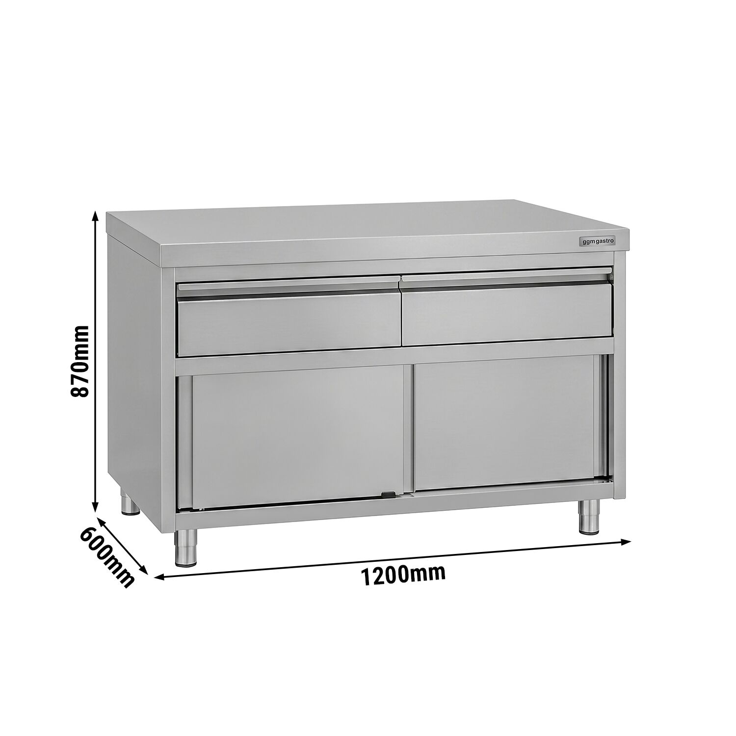 Armoire de travail en acier inoxydable ECO - 1200 x 600 mm - avec 2 tiroirs et une porte coulissante
