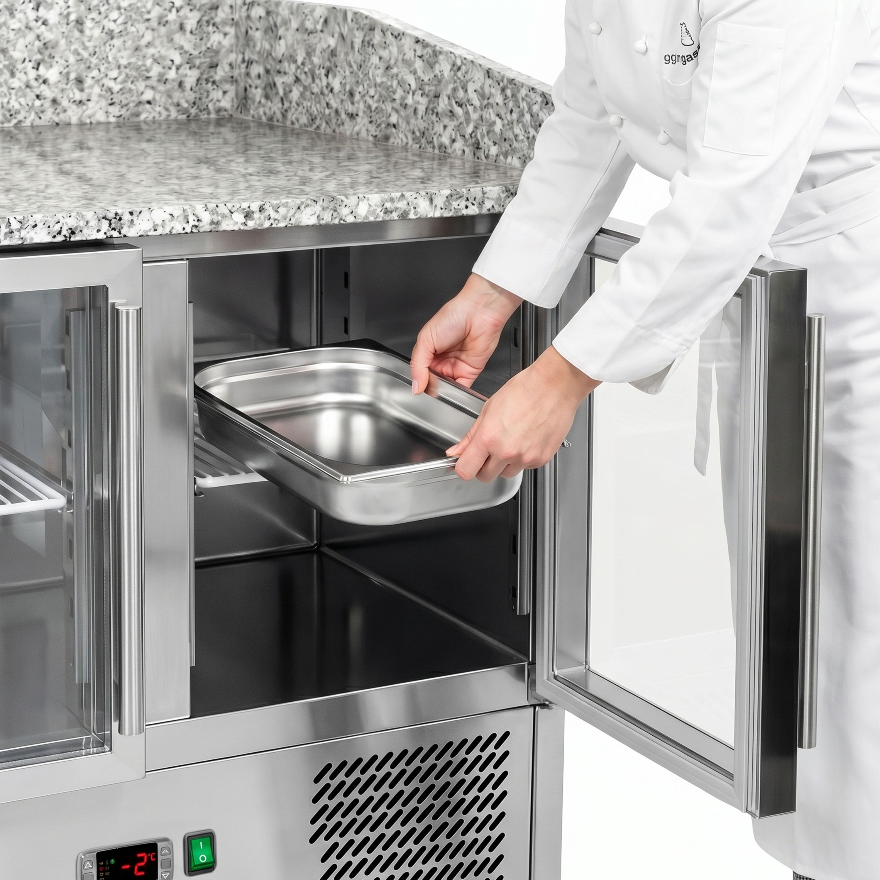 Banco pizza refrigerato ECO - 1400x700mm - con 3 porte in vetro - piano in granito