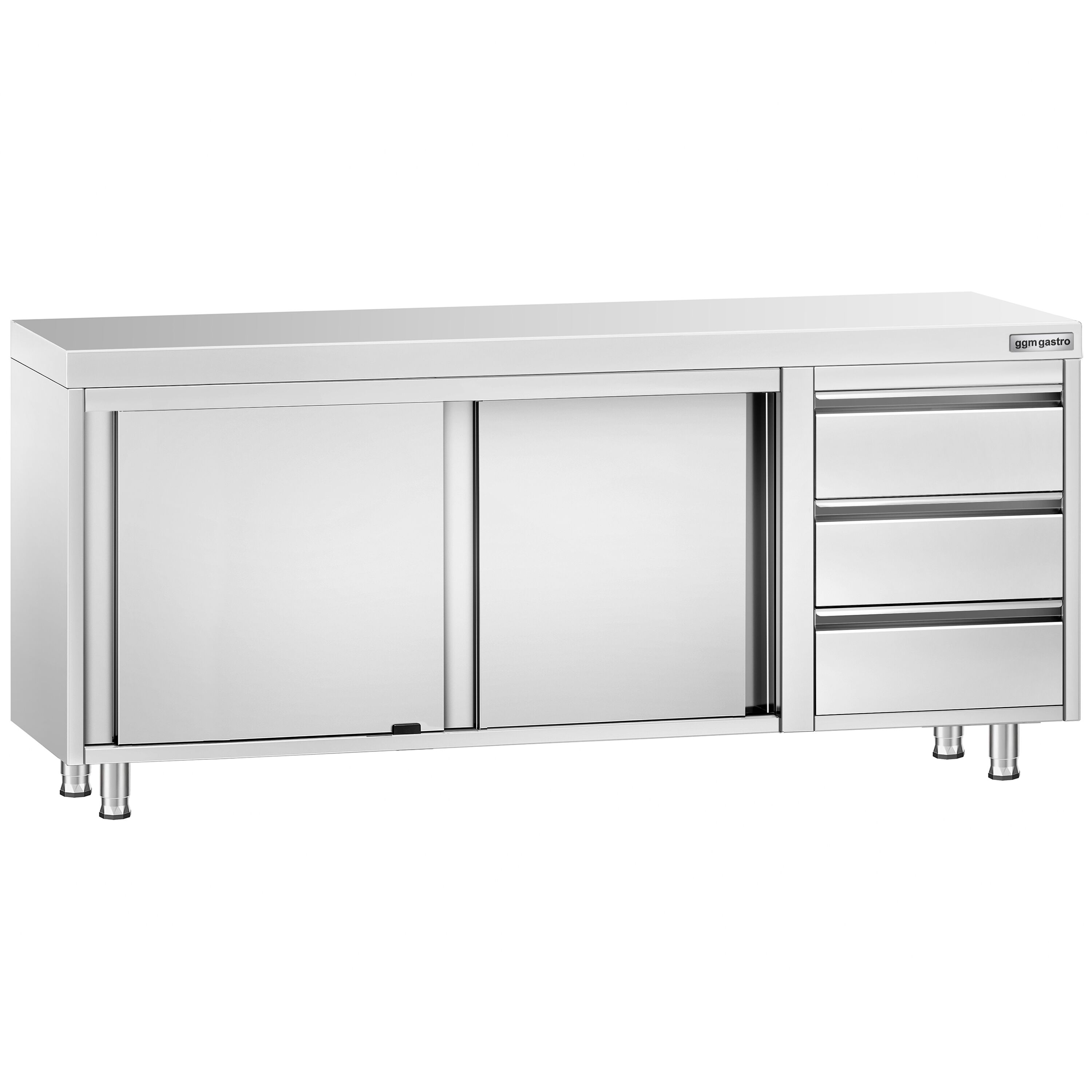 Table armoire en acier inoxydable PREMIUM - 2000x700mm - avec portes coulissantes et 3 tiroirs à droite