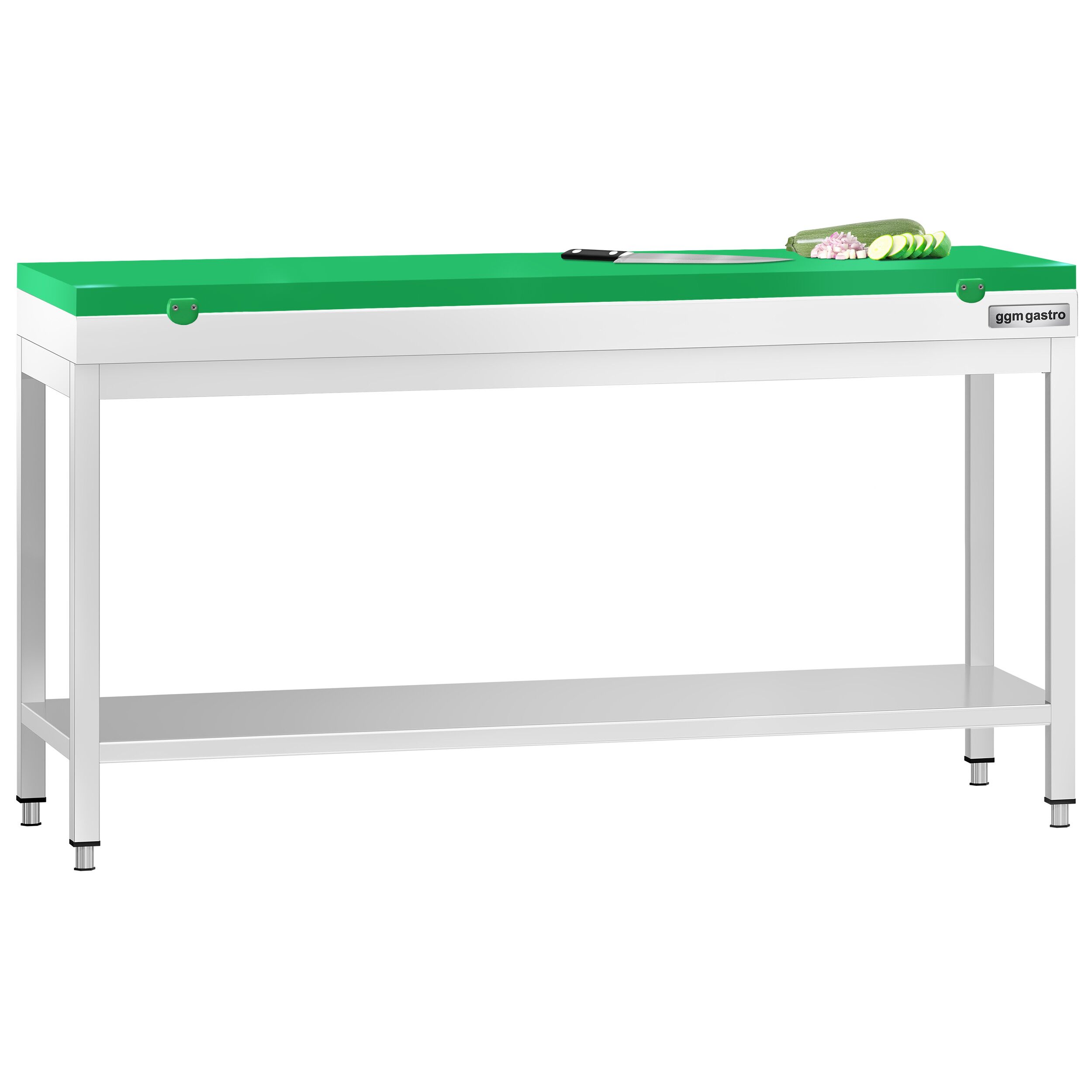 Table de travail inox PREMIUM - 2000 x 800 mm - avec tablette inférieure - incl. Planche à découper Verte