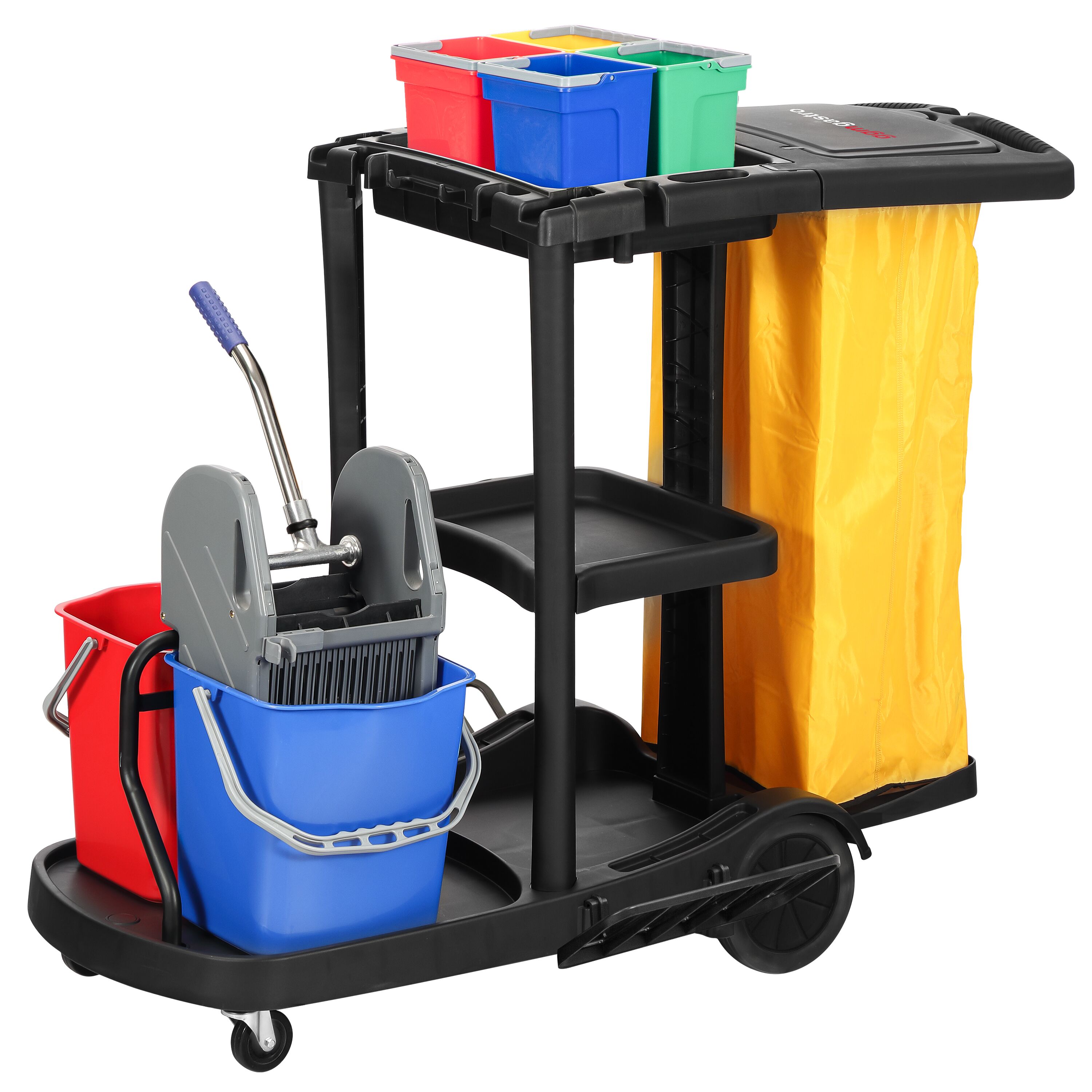 Chariot de nettoyage - avec 6 seaux, presse à mop & sac à linge - Noir