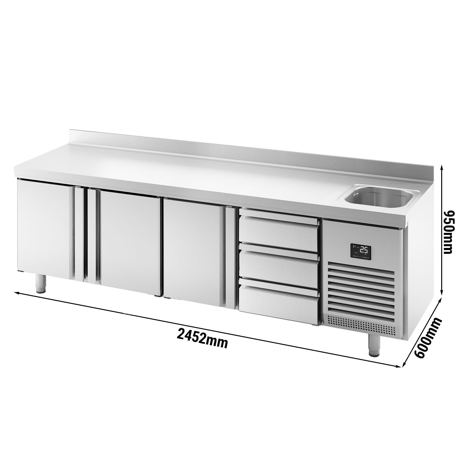 Table réfrigérée Premium PLUS - 2452 x 600 mm - avec 1 bac, 3 portes, 3 tiroirs - dosseret