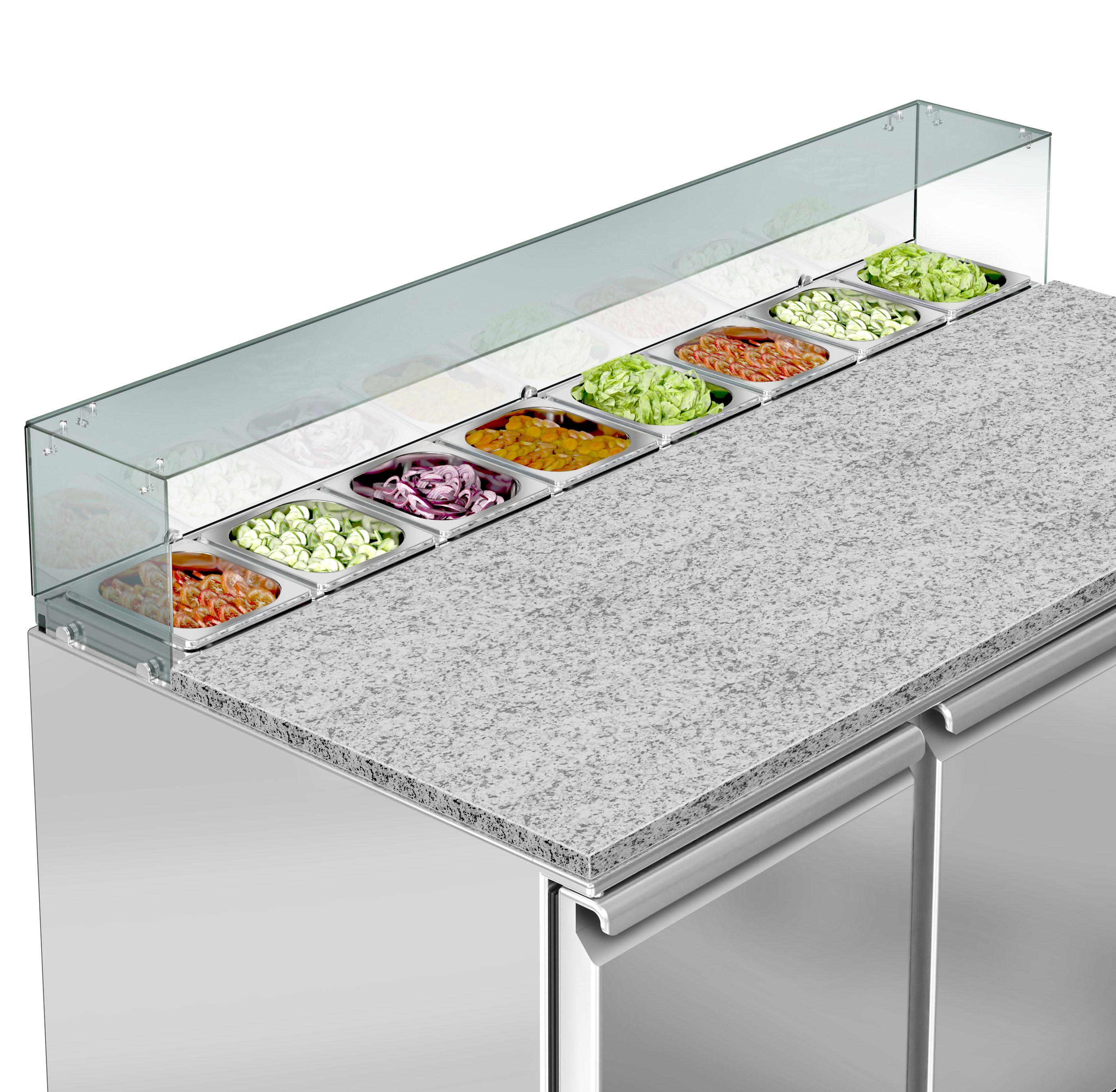 Saladette réfrigérée ECO - 1368mm - 368L - 3 portes - avec vitrine de comptoir pour 8x GN 1/6