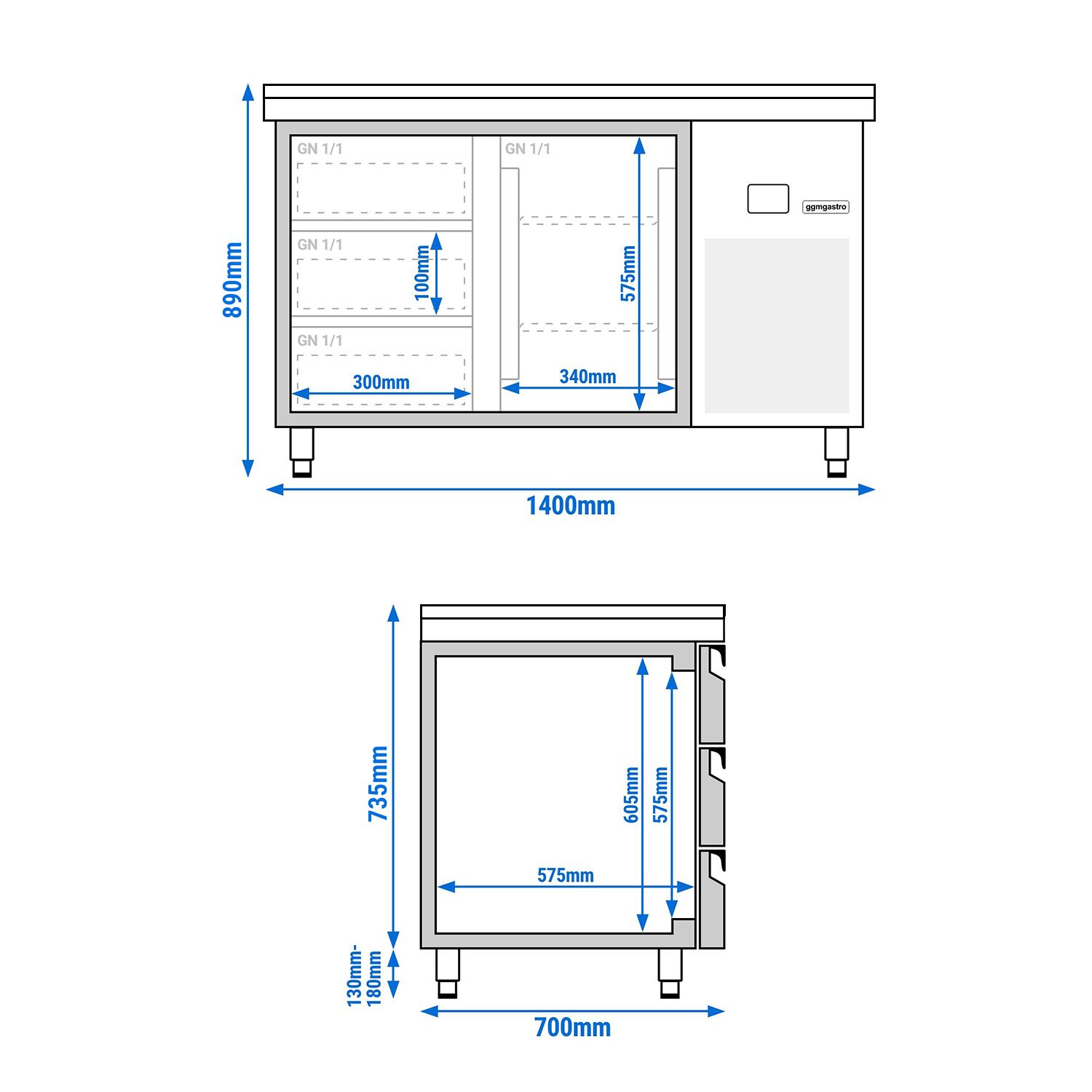PREMIUM Refrigerated Counter – 1400 × 700 mm – with 1 Door & 3 Drawers – incl. Granite Worktop