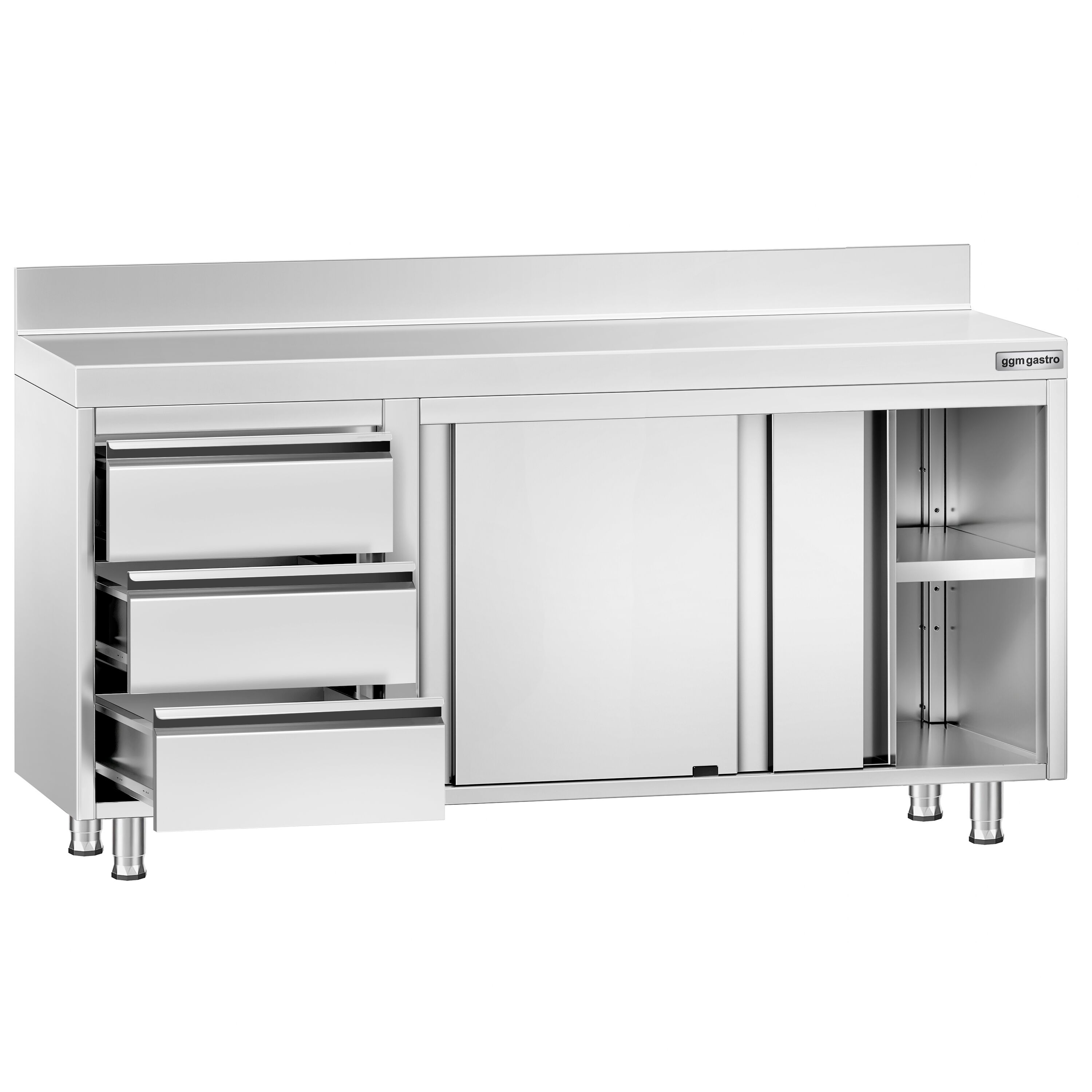 Table armoire en acier inoxydable PREMIUM - 1600x600mm - avec portes coulissantes et 3 tiroirs à gauche - avec dosseret