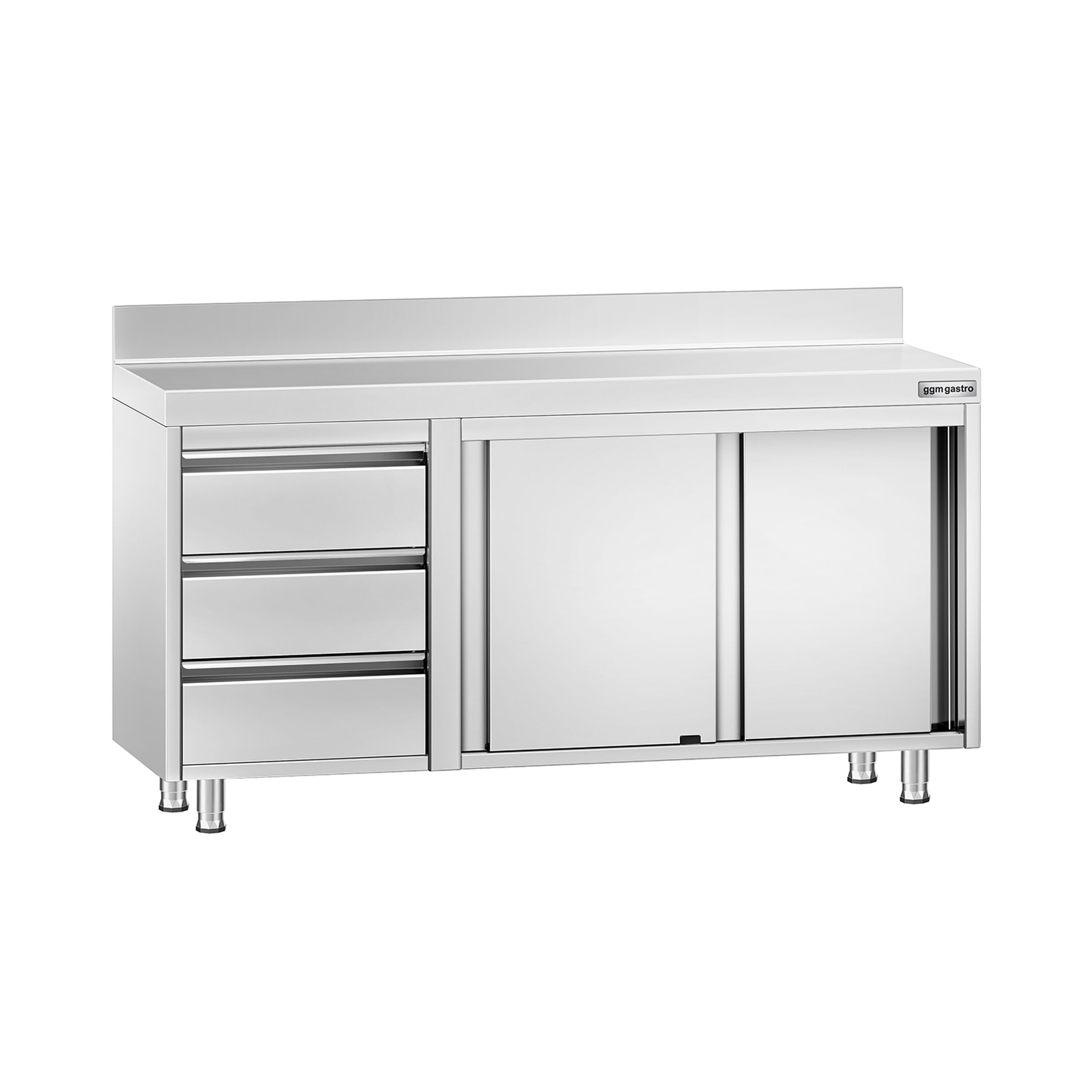 Table armoire en acier inoxydable PREMIUM - 1400x700mm - avec 3 tiroirs à gauche et portes coulissantes - avec dosseret